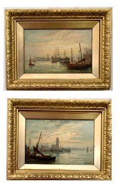 Pair of English 19th century marine scenes, Tyne and Wear harbor at sunrise