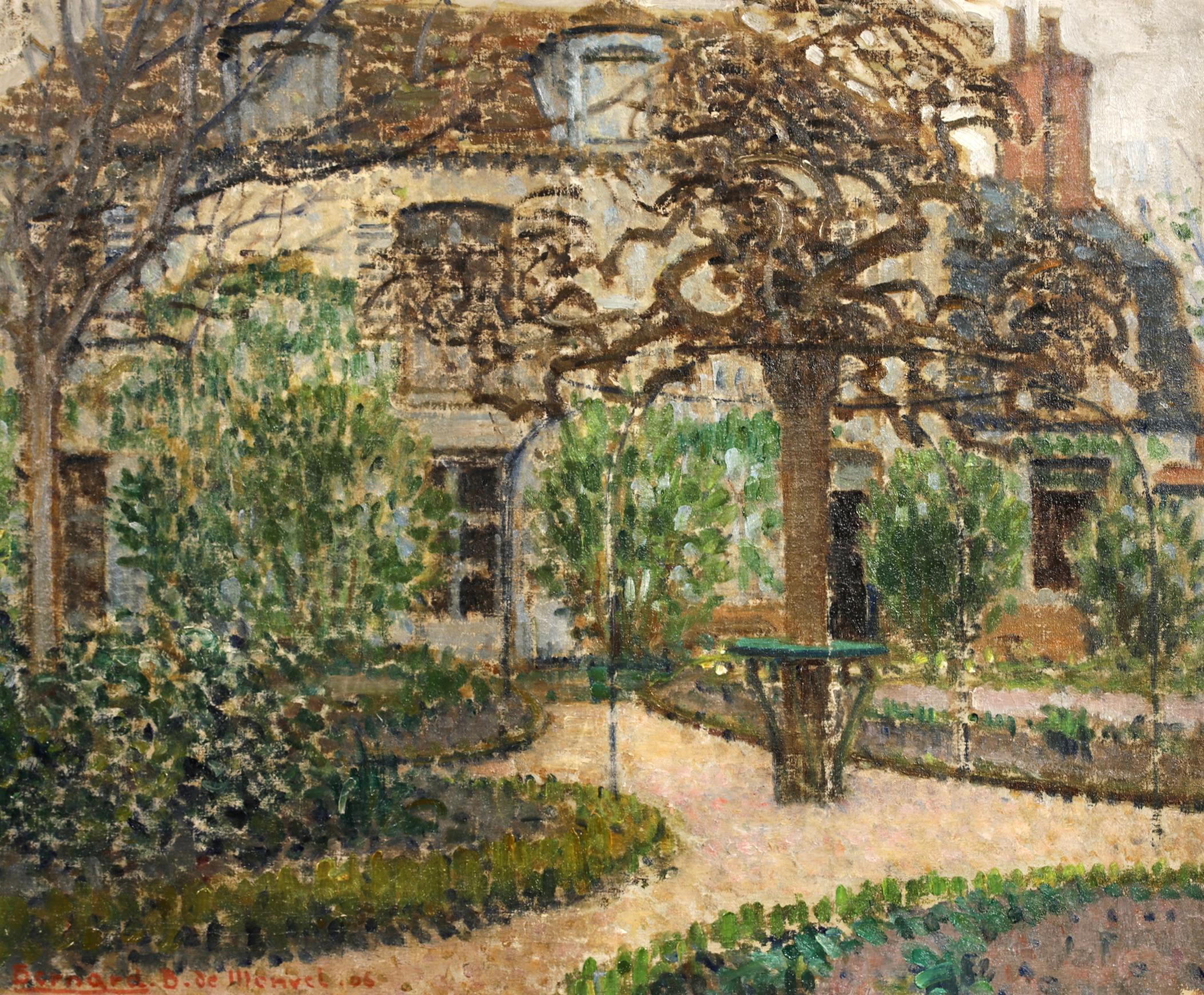 Signed and dated impressionist oil on canvas landscape by French painter, engraver, sculptor and fashion illustrator Bernard Boutet de Monvel. The work depicts a view of the artist's garden in Nemours, France. The house is concealed by two large,