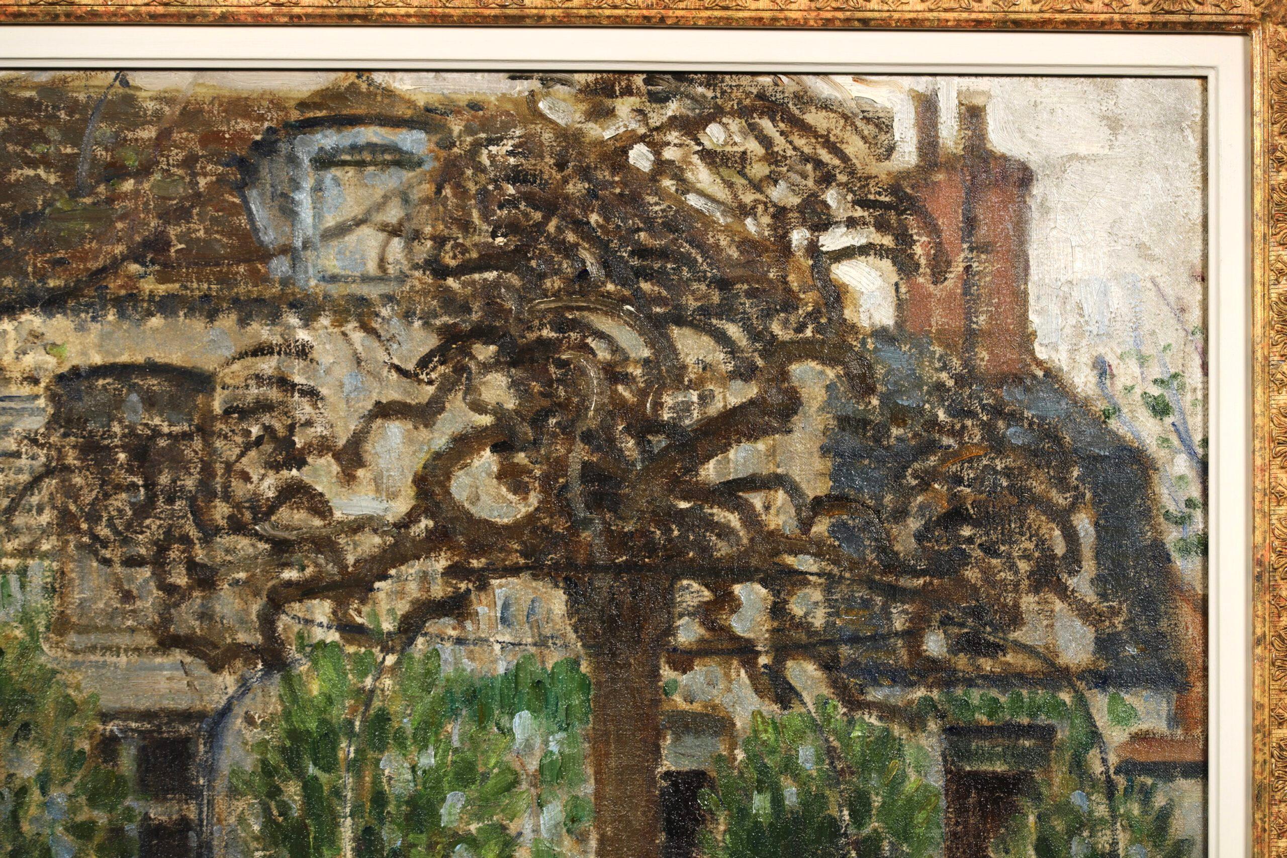Signed and dated impressionist oil on canvas landscape by French painter, engraver, sculptor and fashion illustrator Bernard Boutet de Monvel. The work depicts a view of the artist's garden in Nemours, France. The house is concealed by two large,