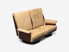Bernard Brunier, divano francese di metà secolo, palissandro, pelle scamosciata, anni '60