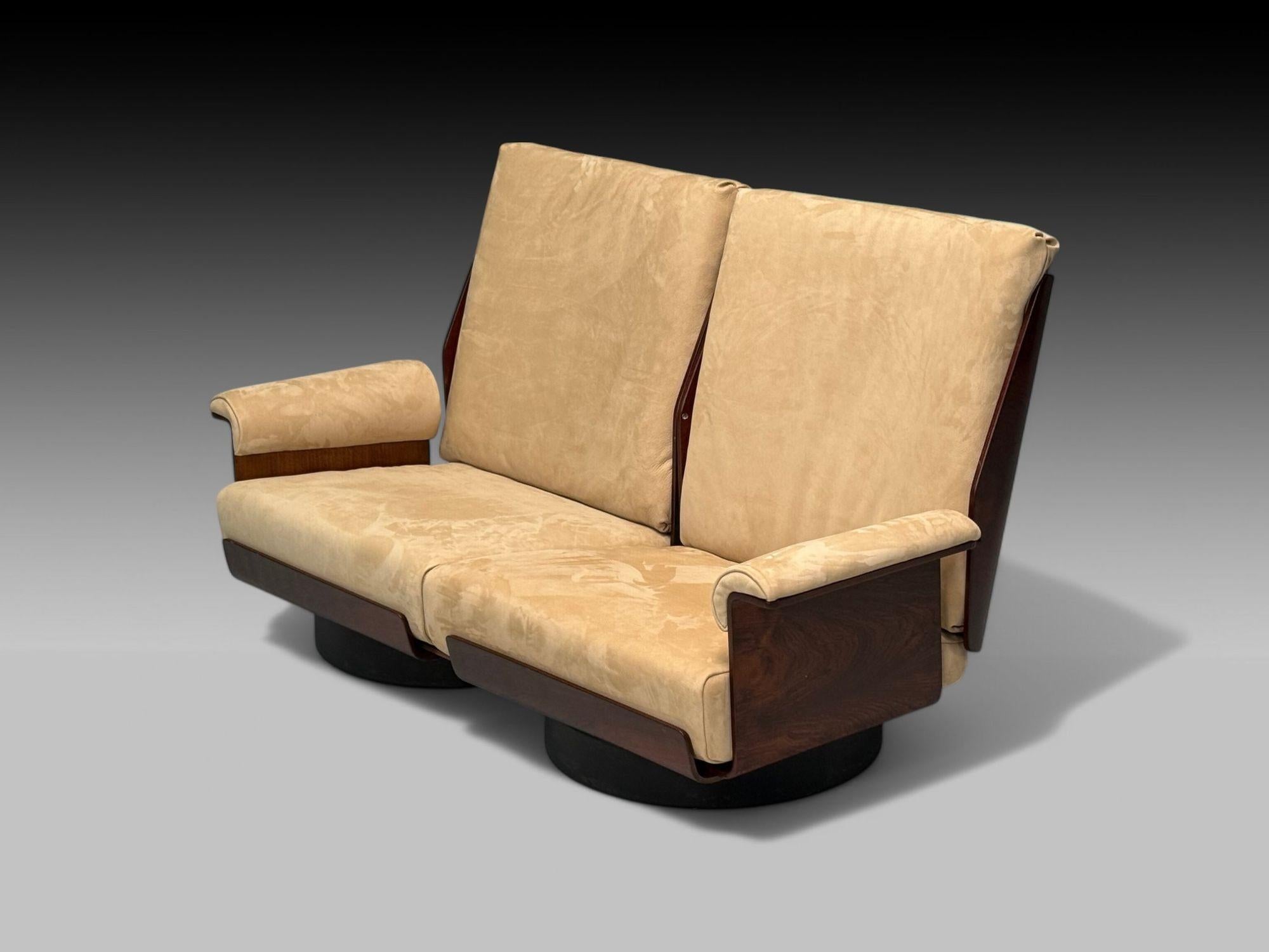 Mid-20th Century Bernard Brunier, French Mid-Century Modern, Rosewood, Suede, Settee, 1960s For Sale