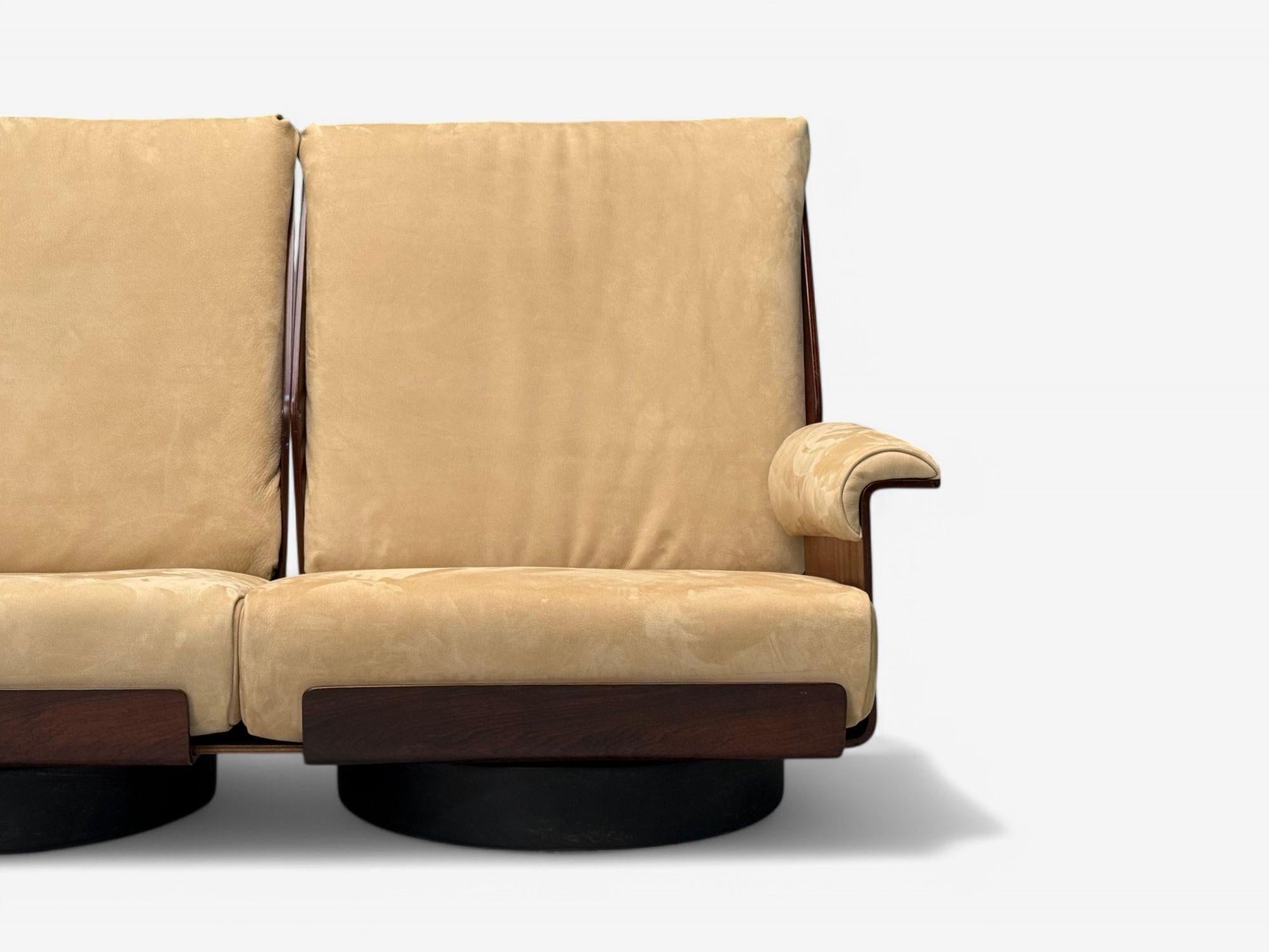 Bernard Brunier, French Mid-Century Modern, Rosewood, Suede, Settee, 1960s For Sale 2