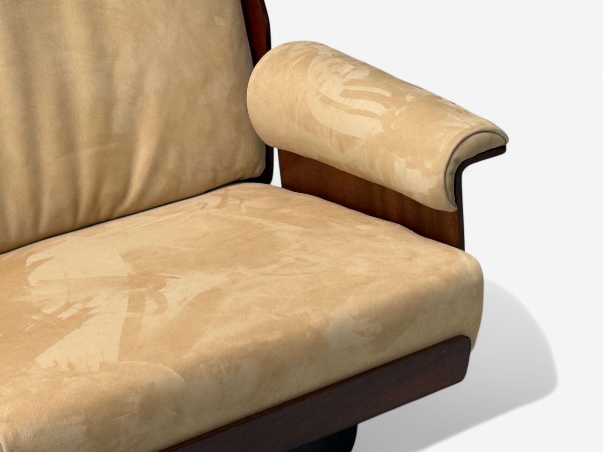 Bernard Brunier, French Mid-Century Modern, Rosewood, Suede, Settee, 1960s For Sale 4