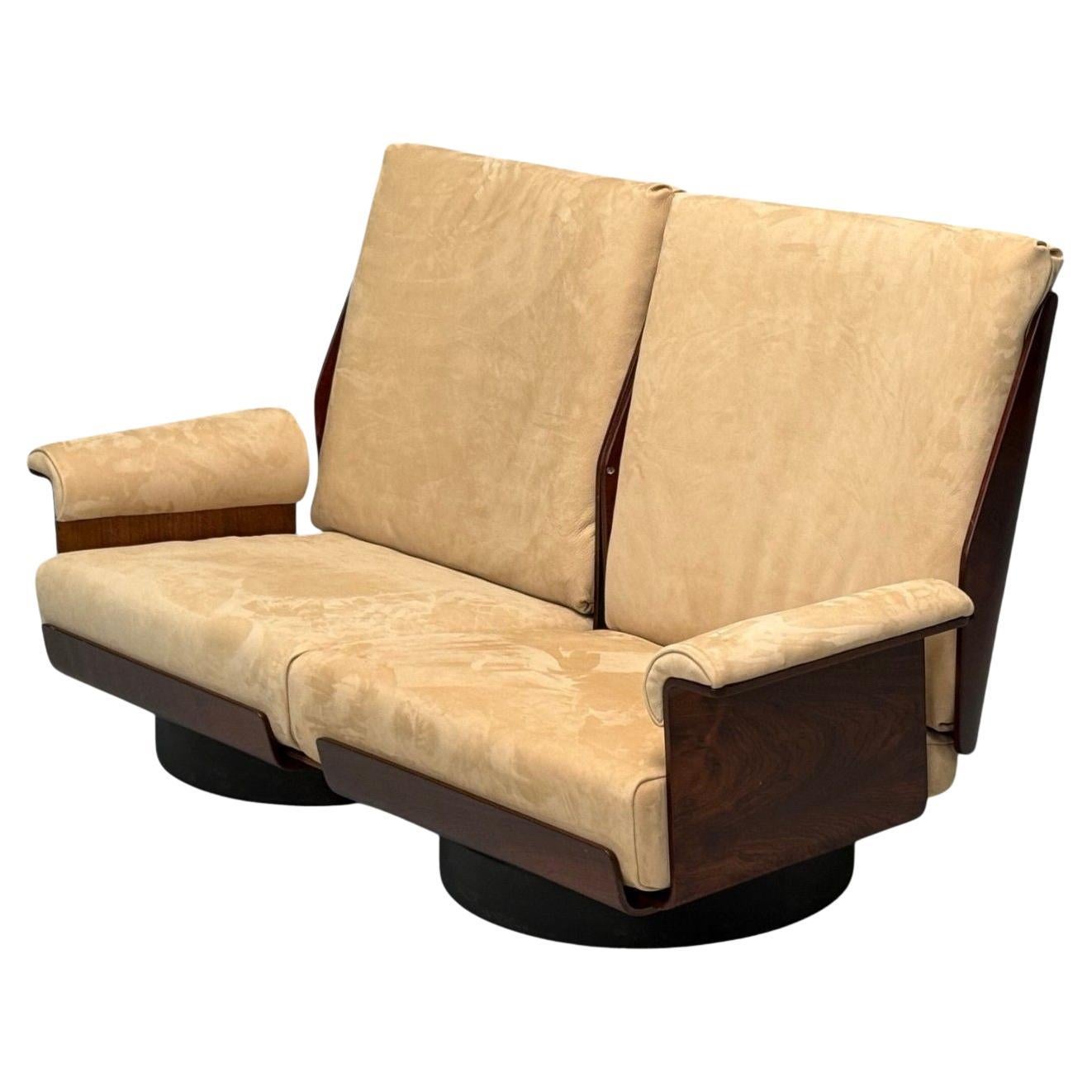 Bernard Brunier, French Mid-Century Modern, Rosewood, Suede, Settee, 1960s