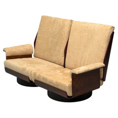 Bernard Brunier, French Mid-Century Modern, Rosewood, Suede, Settee, 1960s