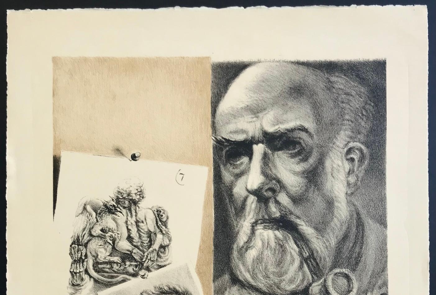 BRUSSEL-SMITH SELF PORTRAIT Litografia su pietra disegnata a mano, uomo barbuto con pipa - Portrait Print Grigio di Bernard Brussel-Smith