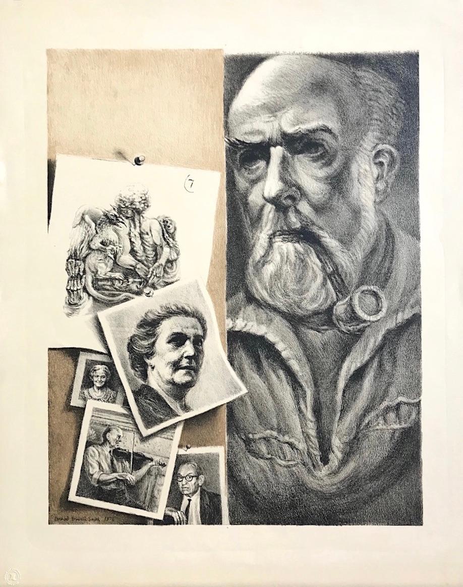 Bernard Brussel-Smith Portrait Print - BRUSSEL-SMITH SELF PORTRAIT Hand Drawn Stone Lithograph, Bearded Man w Pipe 