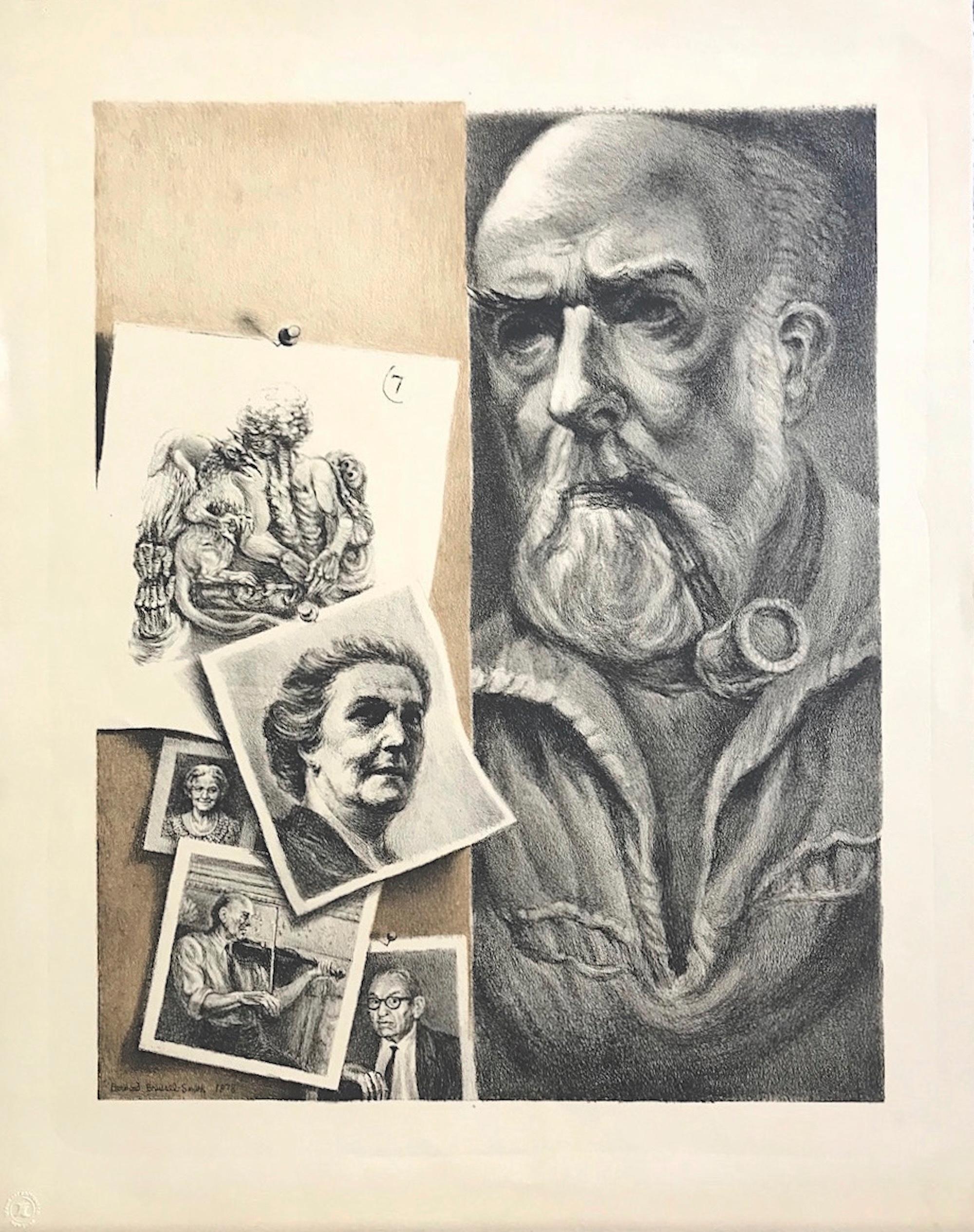 BRUSSEL-SMITH SELF PORTRAIT Hand Drawn Stone Lithograph, Bearded Man w Pipe