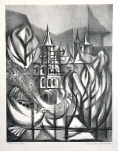 Bernard Brussel-Smith - COLLONGES la ROUGE Signierte Steinlithographie, Corrèze Französisches Dorf, Pfautaube COLLONGES la ROUGE Signierte Steinlithographie, Corrèze Französisches Dorf, Pfautaube