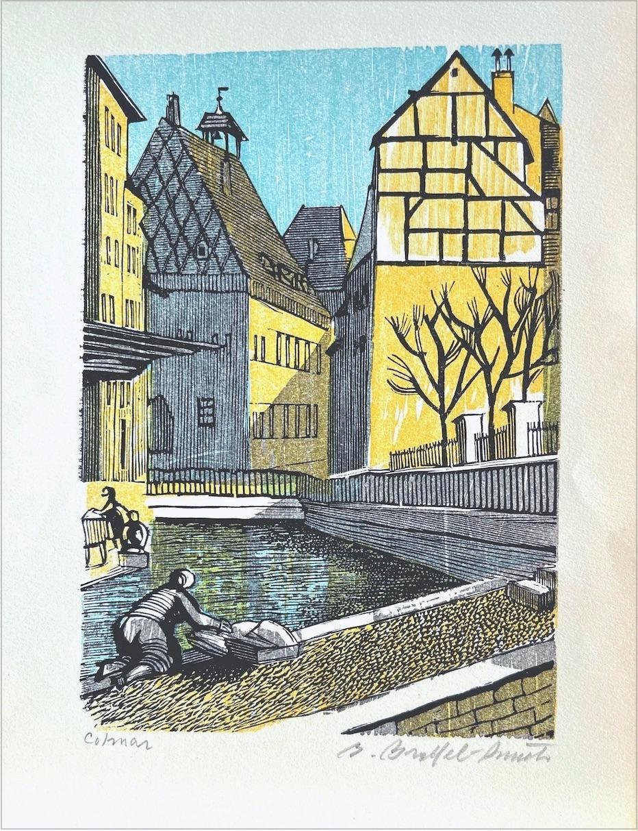 COLMAR, signierte Holzgravur, Französisches Dorf, kleine halb Timbered Houses – Print von Bernard Brussel-Smith