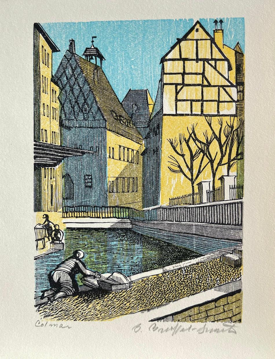 COLMAR Grabado en madera firmado, Pueblo francés, Pequeña Venecia Casas de entramado de madera - Print de Bernard Brussel-Smith