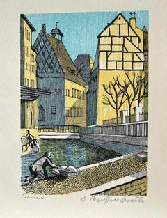 COLMAR, signierte Holzgravur, Französisches Dorf, kleine halb Timbered Houses