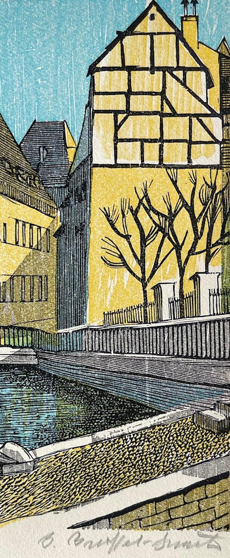COLMAR Grabado en madera firmado, Pueblo francés, Pequeña Venecia Casas de entramado de madera - Figurative Print Beige de Bernard Brussel-Smith