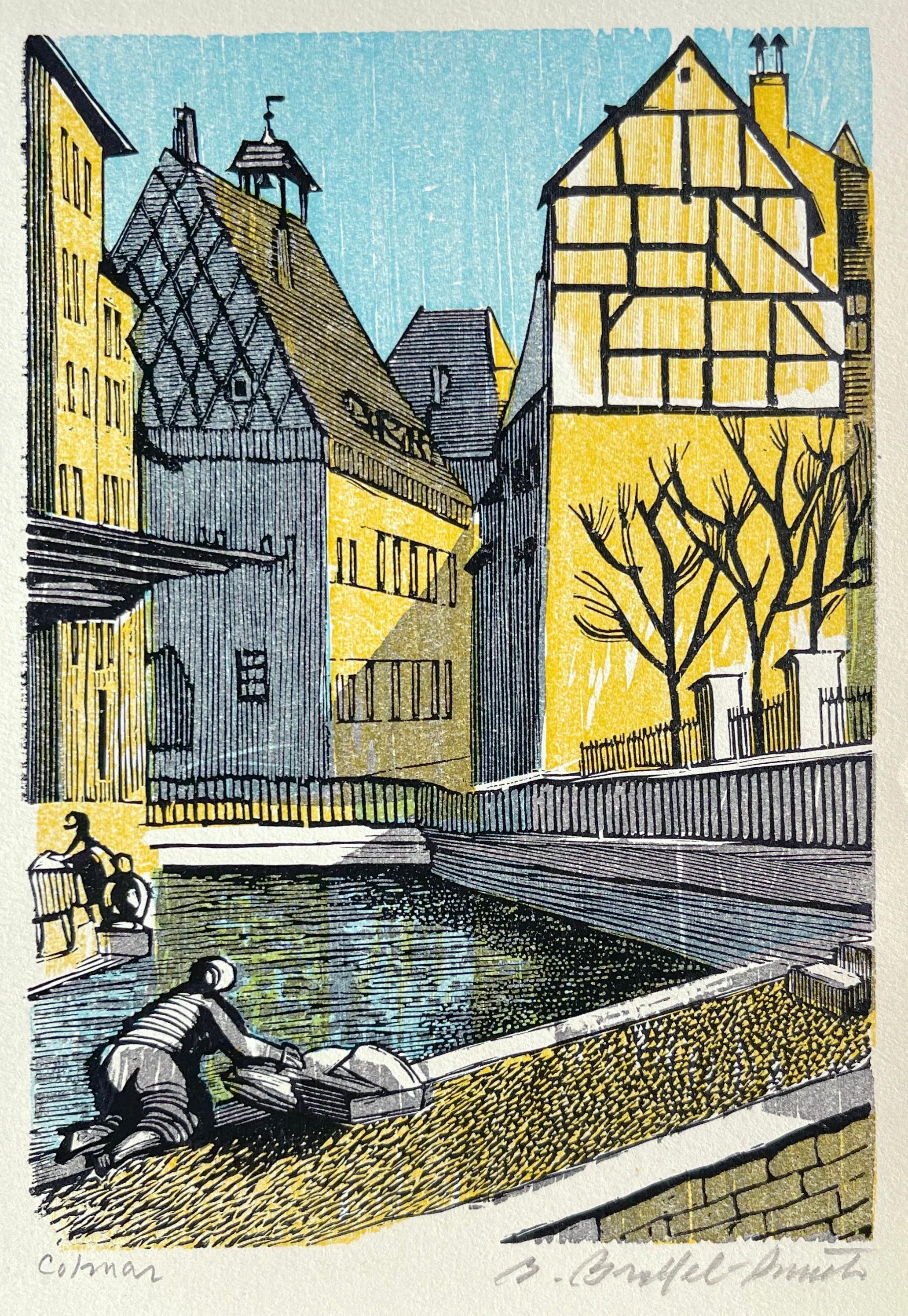 Bernard Brussel-Smith Figurative Print – COLMAR, signierte Holzgravur, Französisches Dorf, kleine halb Timbered Houses