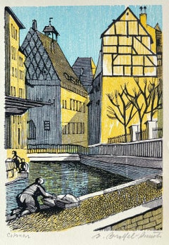 COLMAR Signed Wood Engraving, French Village, Little Venice Half-Timbered Houses