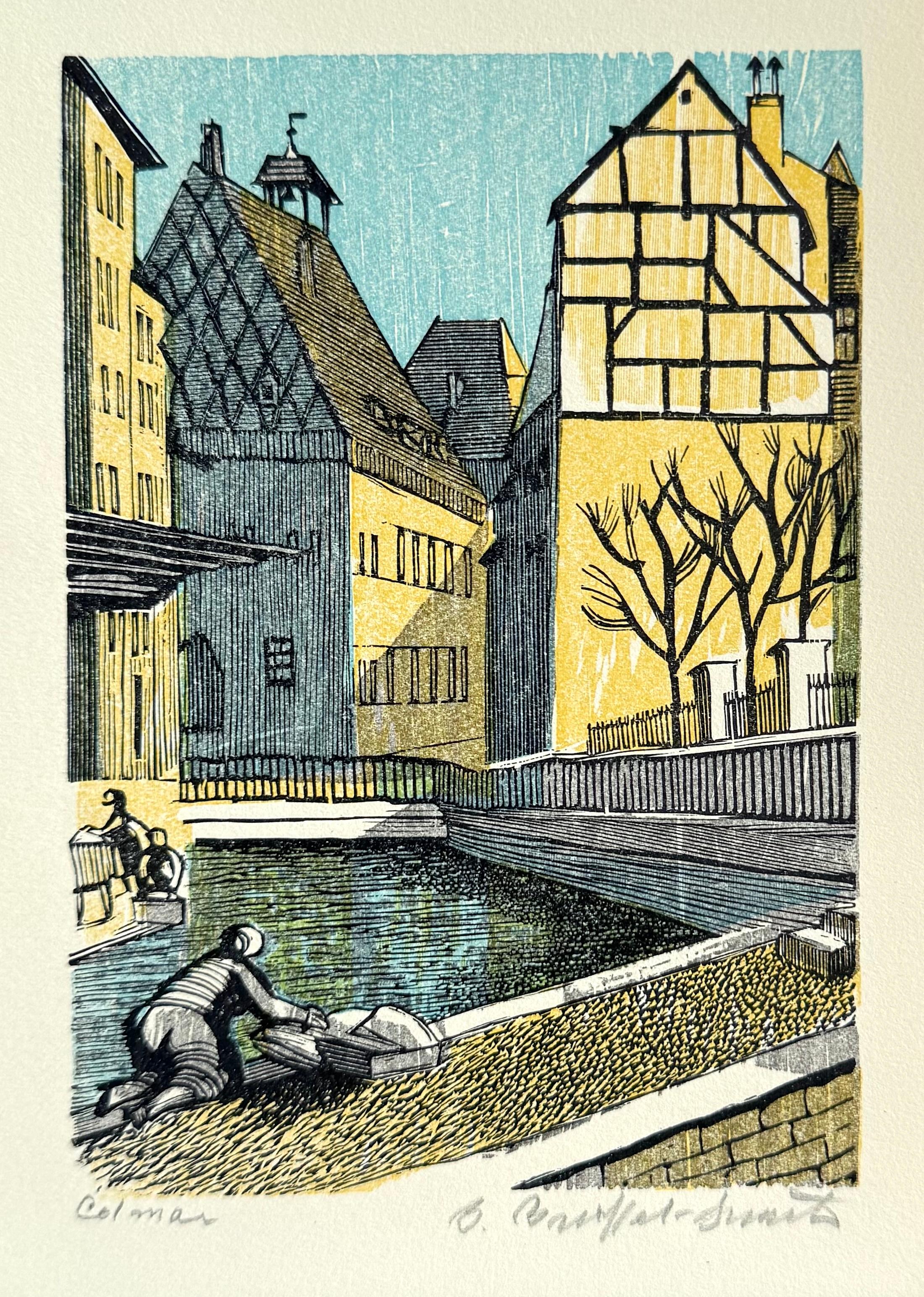 Figurative Print Bernard Brussel-Smith - Gravure sur bois signée COLMAR, village français, petites maisons à moitié en bois de Venise