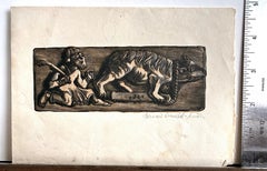 MENSCH UND BESTIERUNG Signierte Holzgravur, Figuren im mittelalterlichen Stil, biblische Geschichte