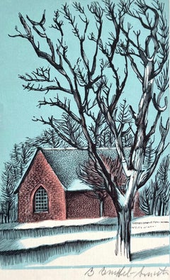 SNOWSCAPE, RED BRICK COTTAGE Signed Wood Engraving, Landhaus Bogenfenster