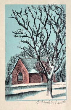 SNOWSCAPE, RED BRICK COTTAGE Signed Wood Engraving, Country House Arched Window