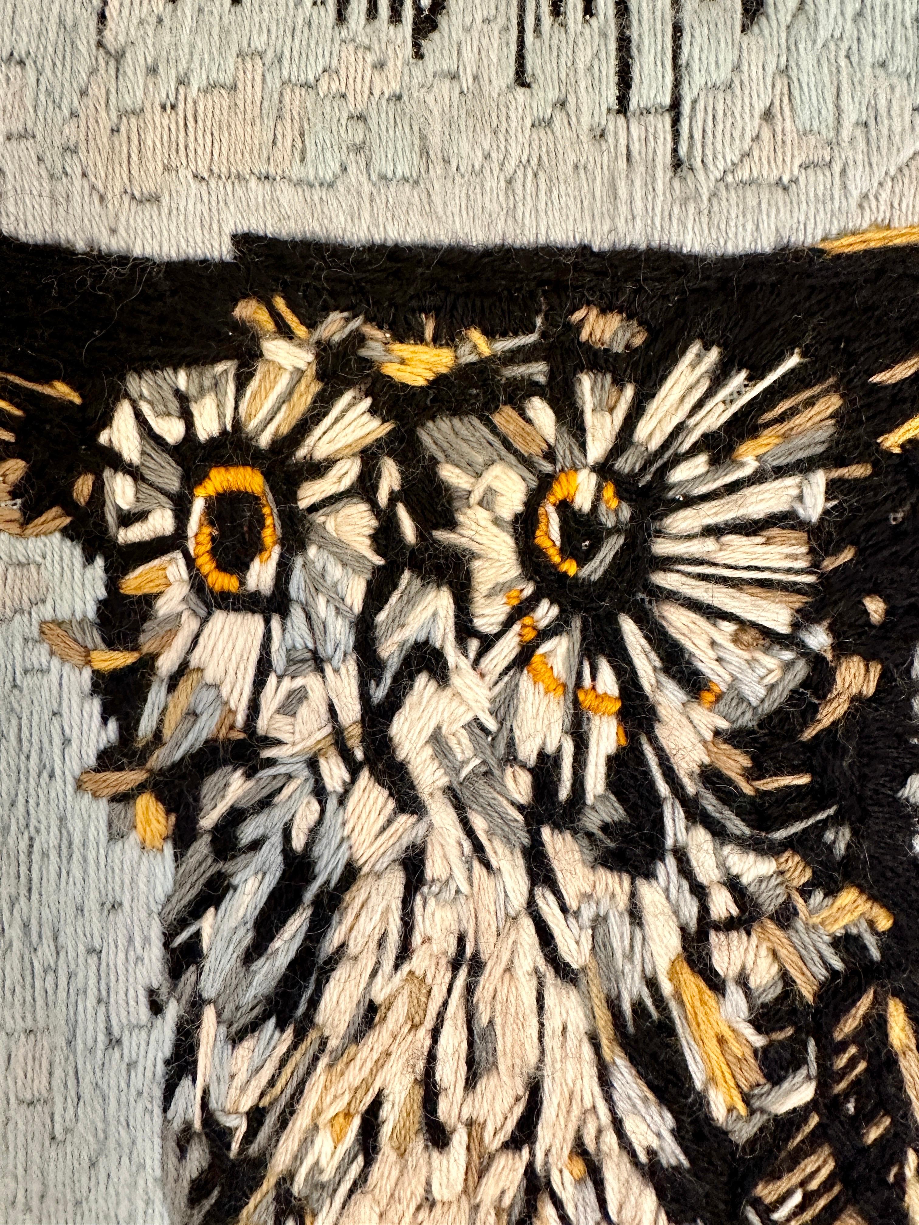 From 1969, this collaboration between Bernard Buffet and the renowned weavers, DMC (founded in 1746) created this charming representation of an small owl perched on a branch.  THIS ITEM IS LOCATED AND WILL SHIP FROM OUR MIAMI, FLORIDA SHOWROOM.