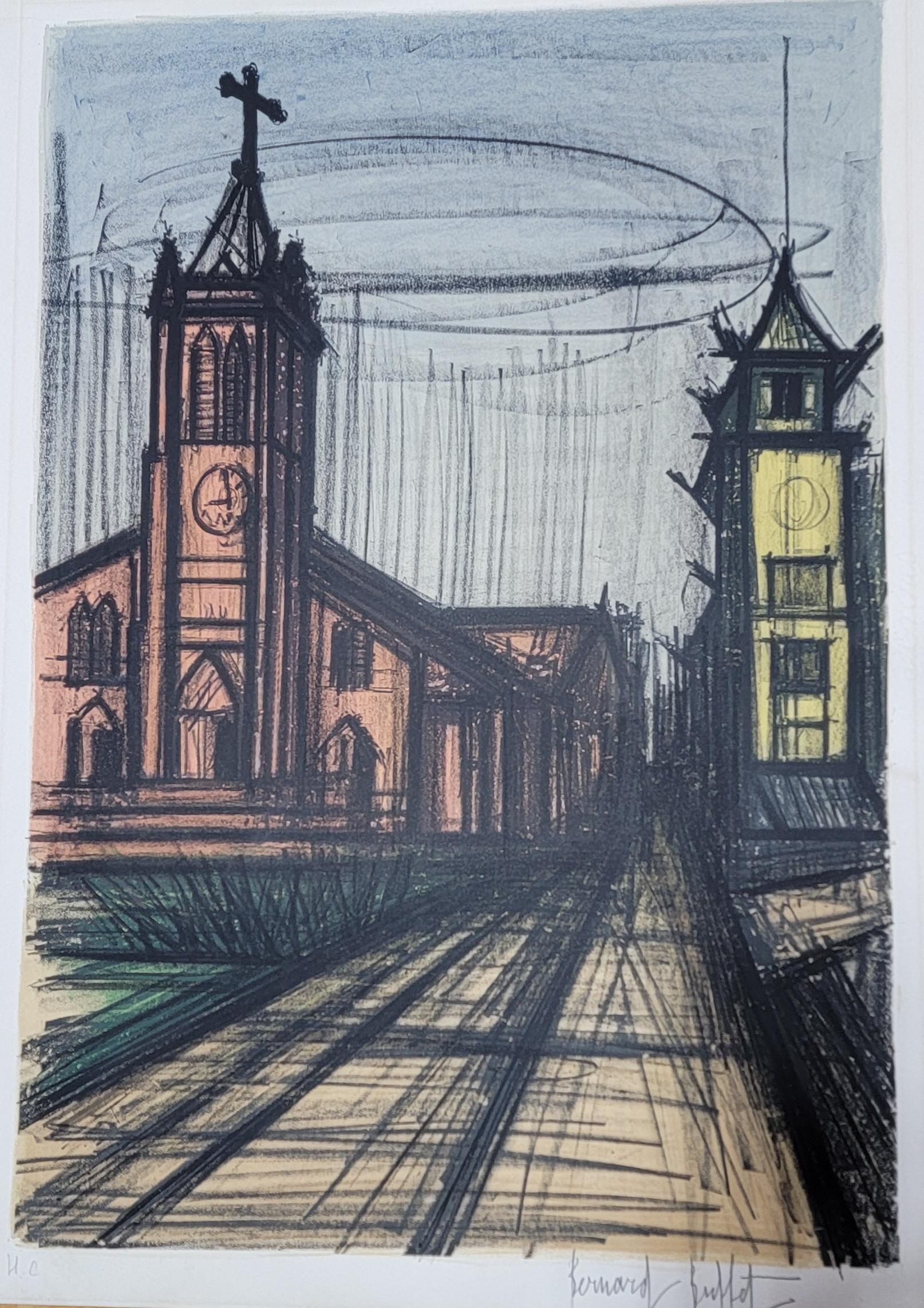 French Bernard Buffet Pencil Signed Lithograph Church For Sale