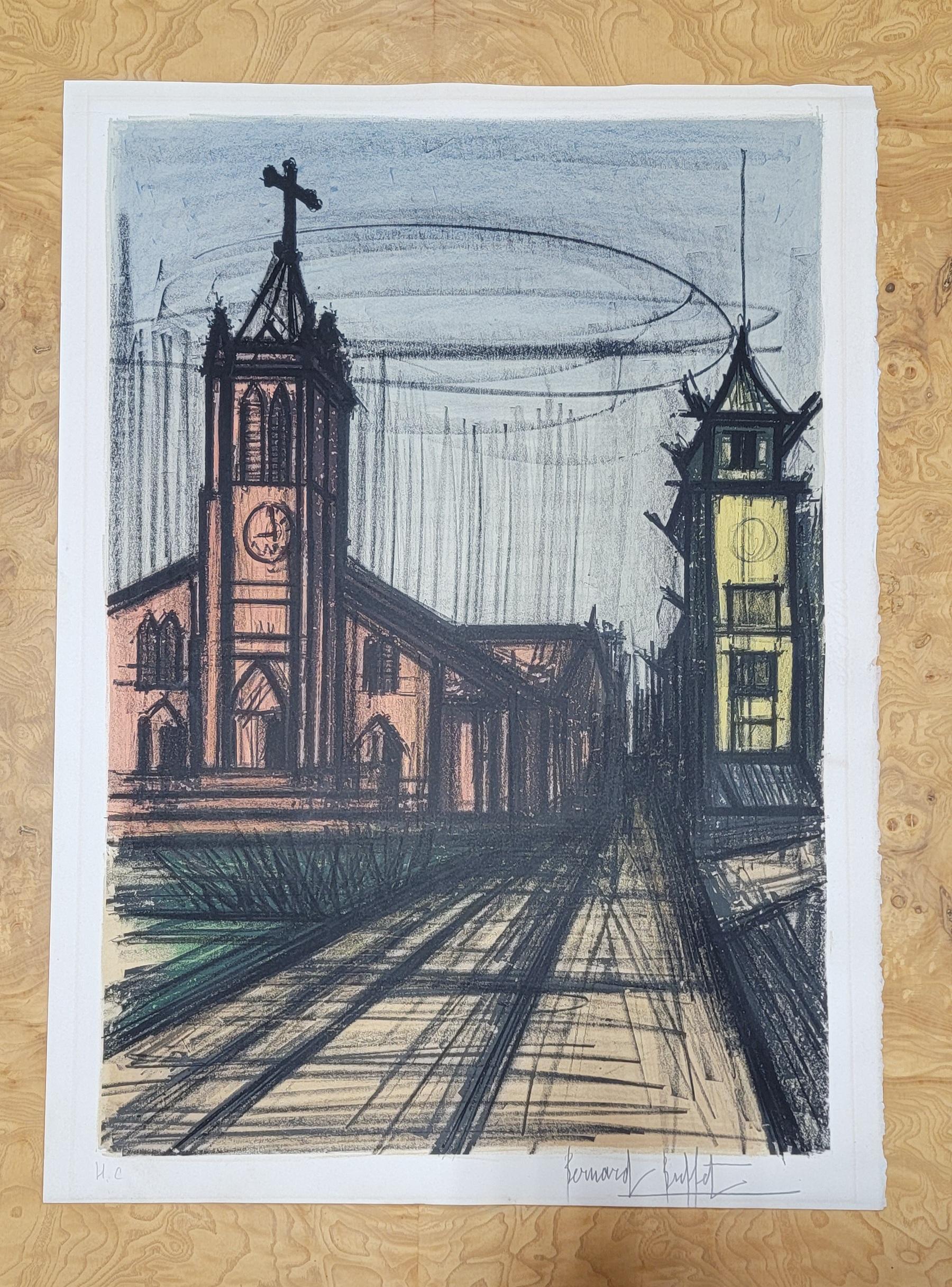 Bernard Buffet Pencil Signed Lithograph Church In Good Condition For Sale In Fulton, CA