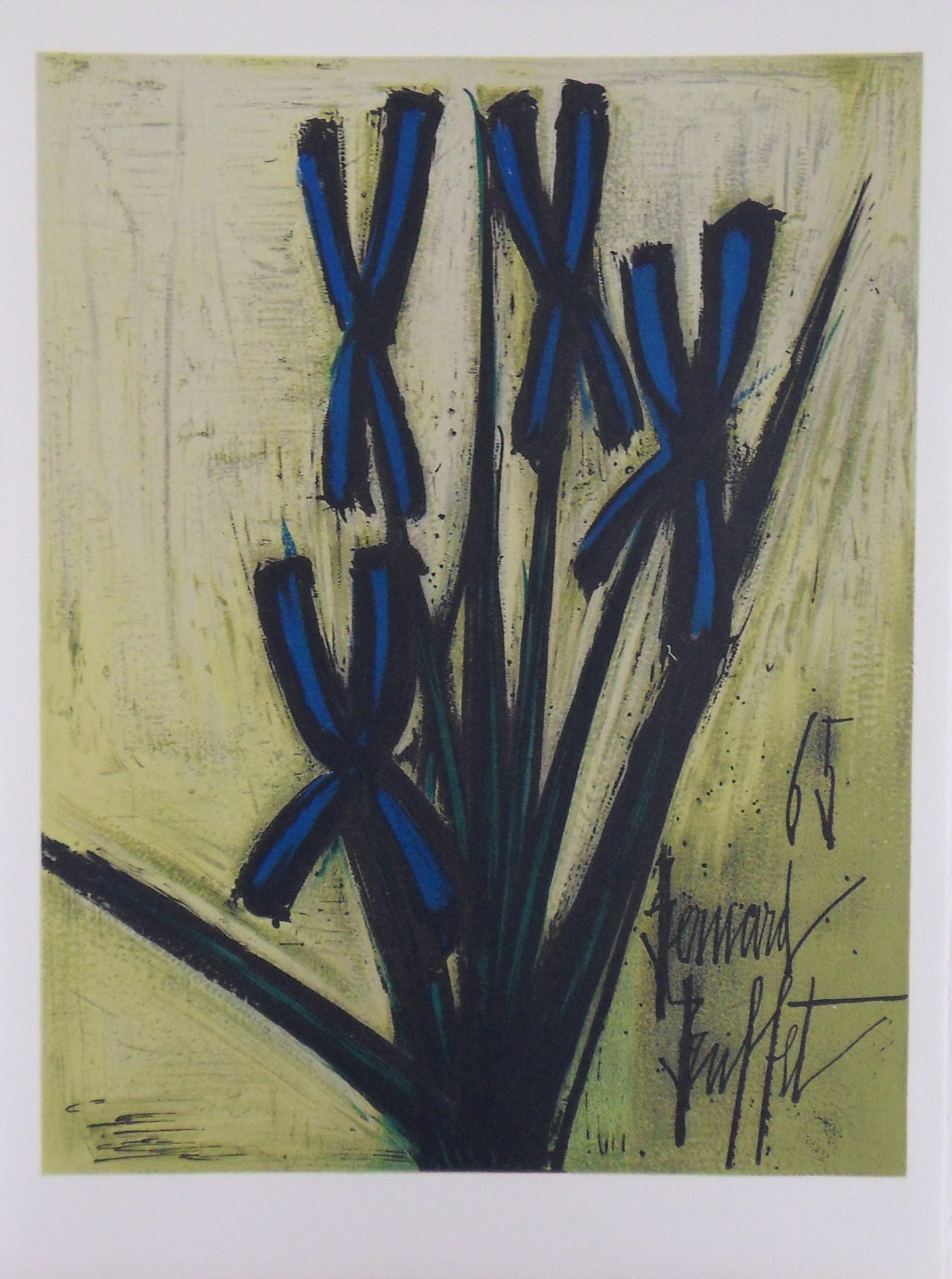 Bernard Buffet Figurative Print - Blue Flowers - Stone lithograph - 1965