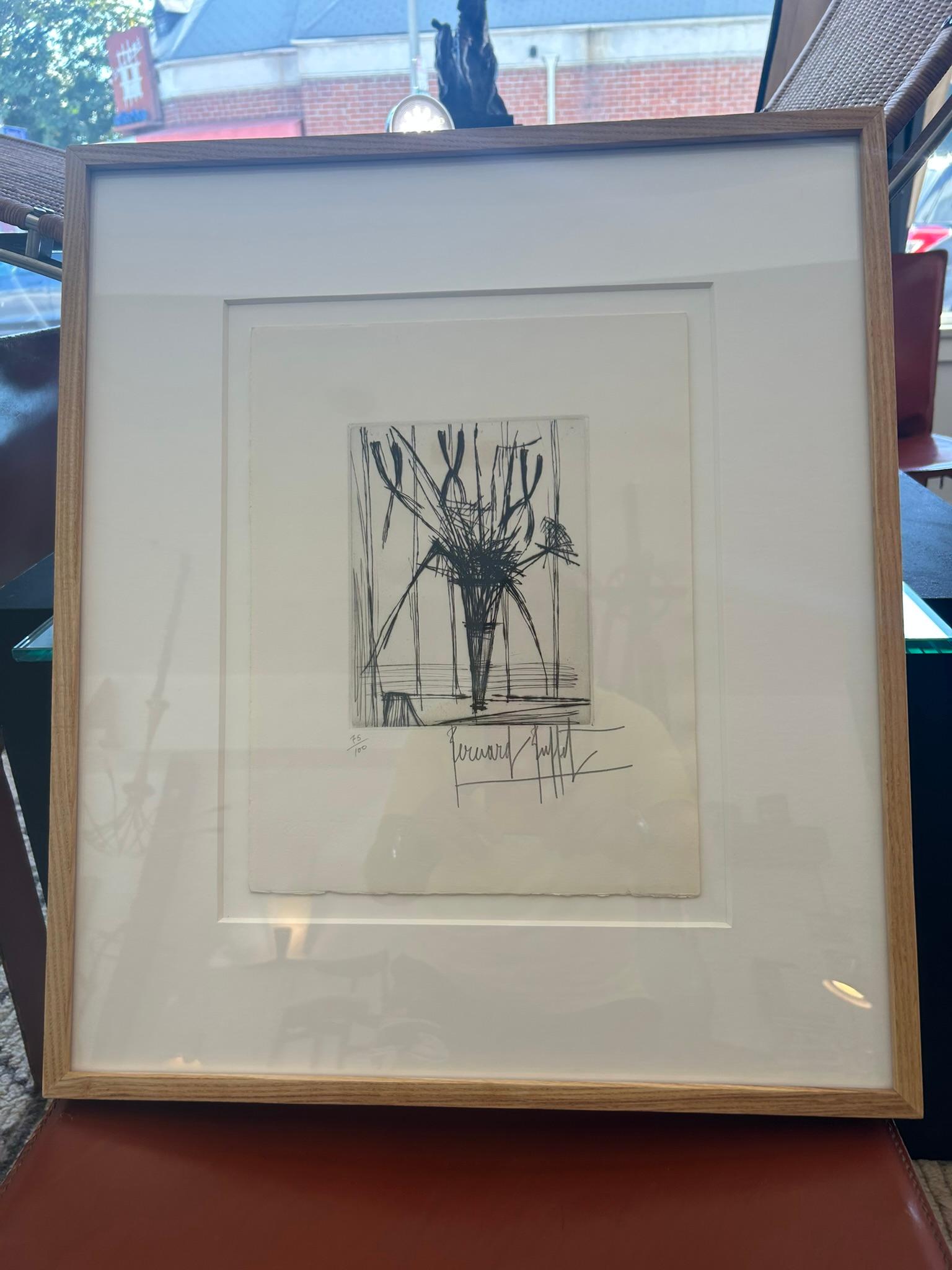 Bernard Buffet, France, 1954. Still Life With Flowers in Vase, hand-pencil drawing.
Ed. 75/100; hand-signed and numbered in pencil.

Dimensions: 
Plate: 6 3/4 x 5 1/2 in. (17.1 x 14 cm.), Frame: 1 1/2