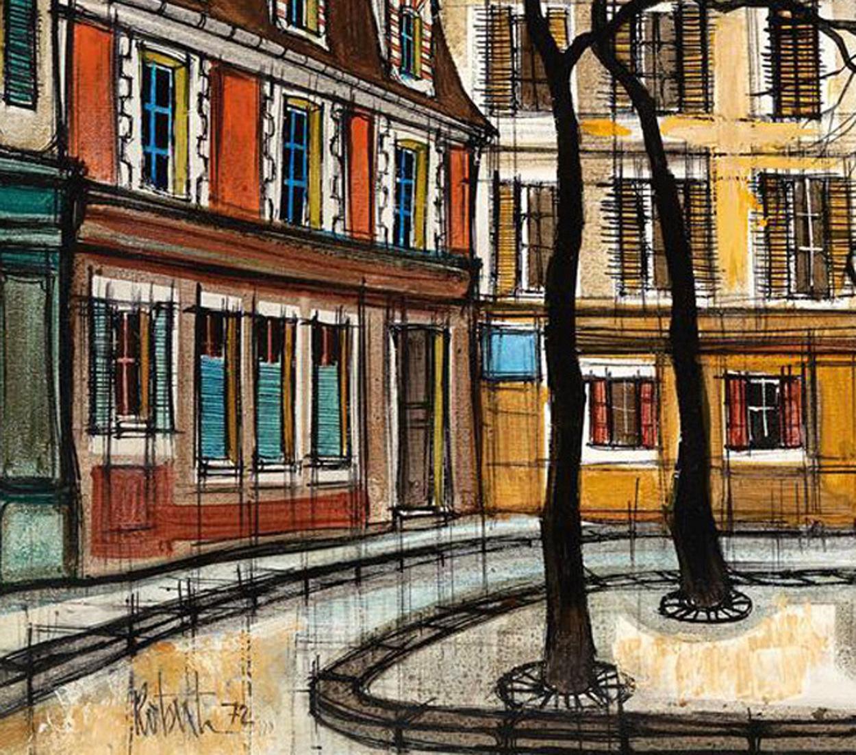 Bernard Buffet (Follower Of), 20th century French School, Place Furstenberg, St Germaine, 1972, oil on canvas laid on board, signed and dated 1972 lower left. In contemporary frame with minor wear.

Measures: 19 inches x 25 inches (48.5 x 63.5