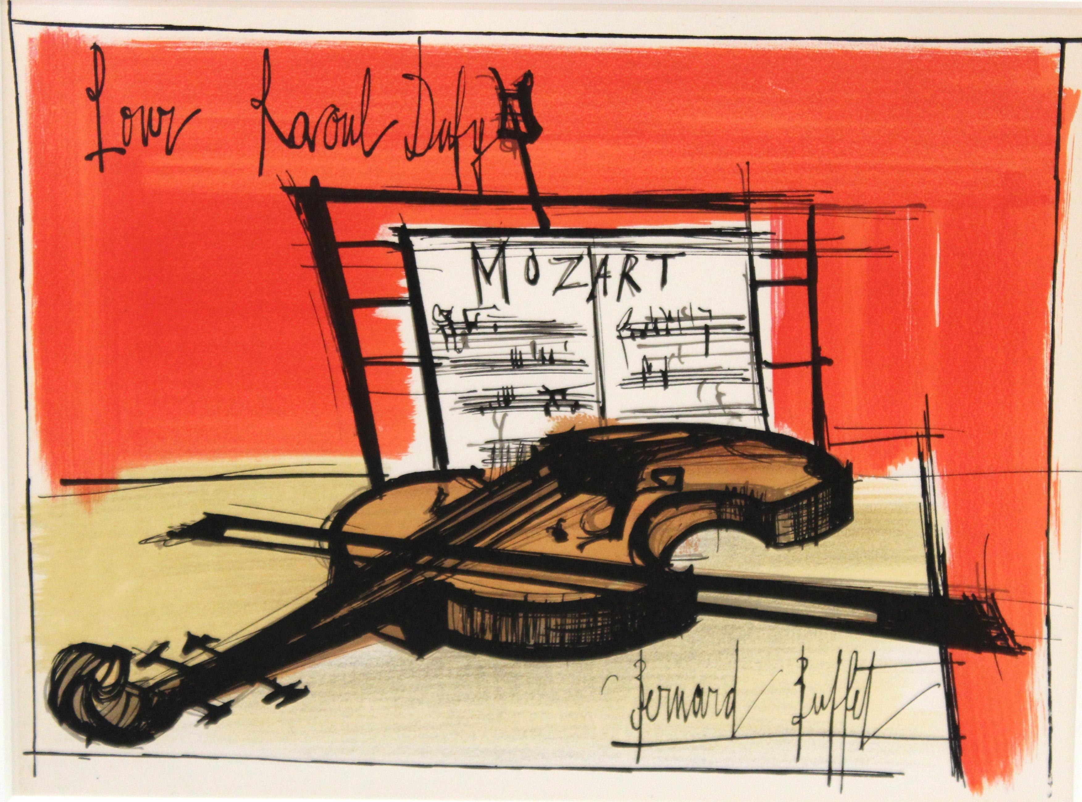 Modern framed color lithograph titled 'Pour Raoul Dufy' after Bernard Buffet. The piece was printed in 1965 after a watercolor published in the book 'Lettre a mon peintre Raoul Dufy'. In great vintage condition with age-appropriate wear.