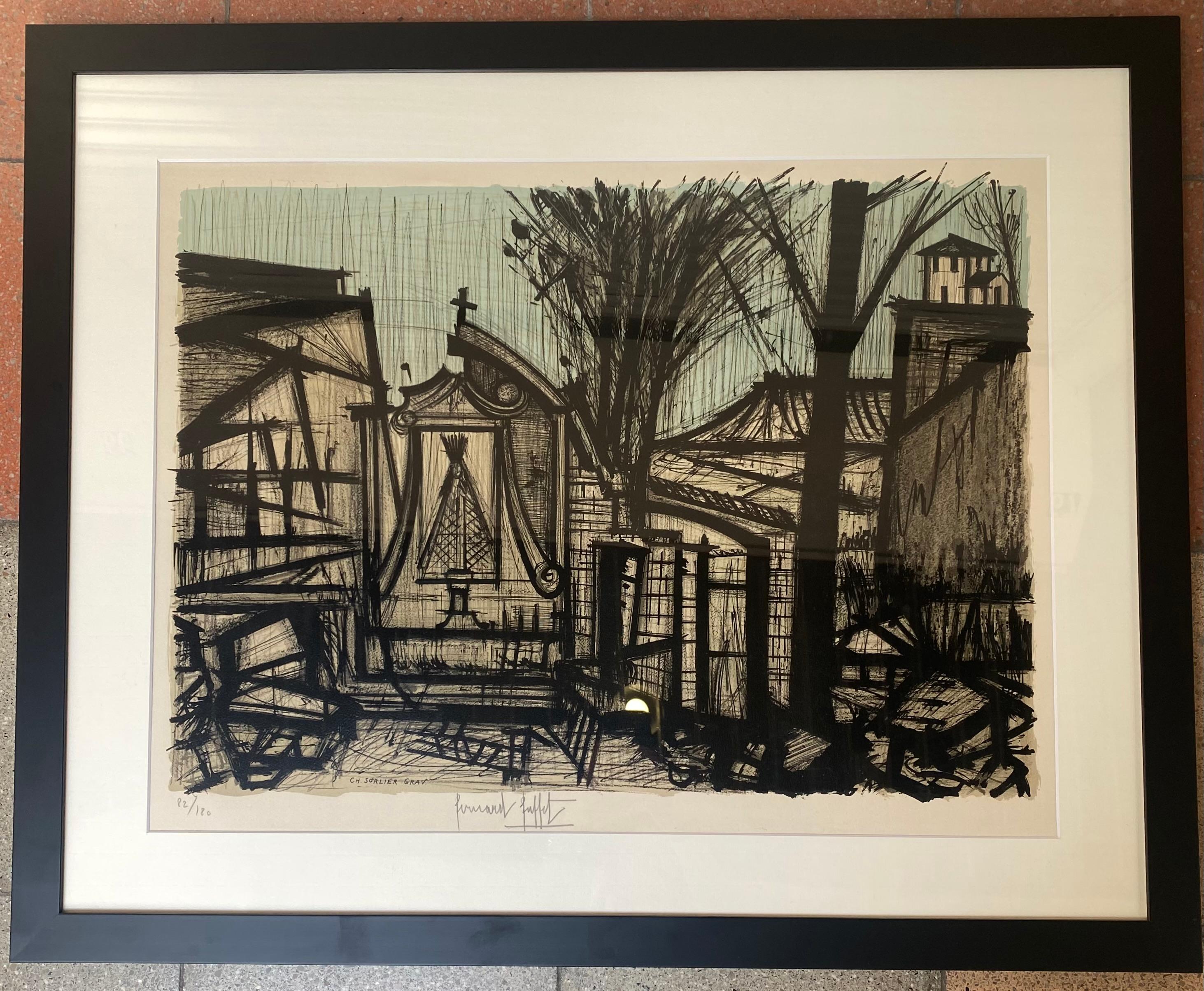 Bernard Buffet - In the mountains. 
Colour lithograph on paper.
Made by Charles Sorlier engraver. 
Signed lower middle and numbered lower left 82/100.
Size lithograph : length 72cm, width 55cm.
Size lithograph with frame : length 93,5cm, width