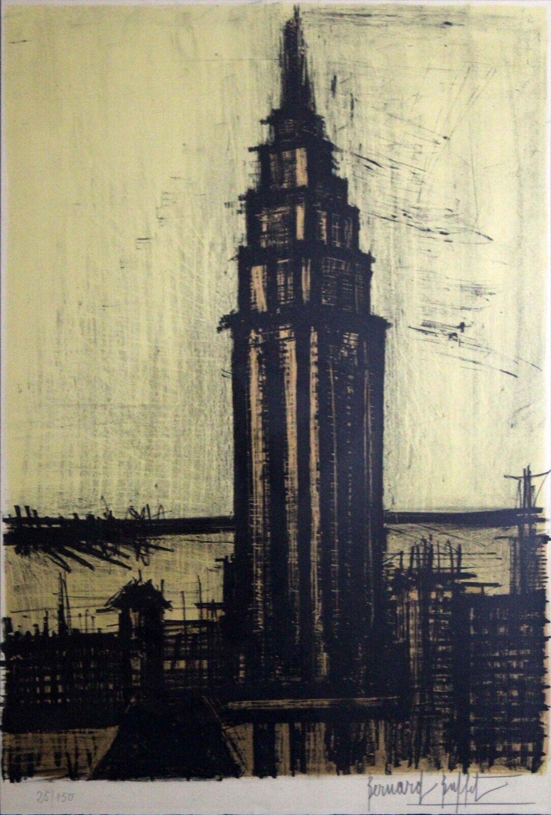 A marvelous modern inspired lithograph on Arches paper titled New York IV by Bernard Buffet. Published in 1965. Hand signed in pencil on the bottom right with an annotation of 25/150 on the bottom left. The subject depicts a modern skyscraper within