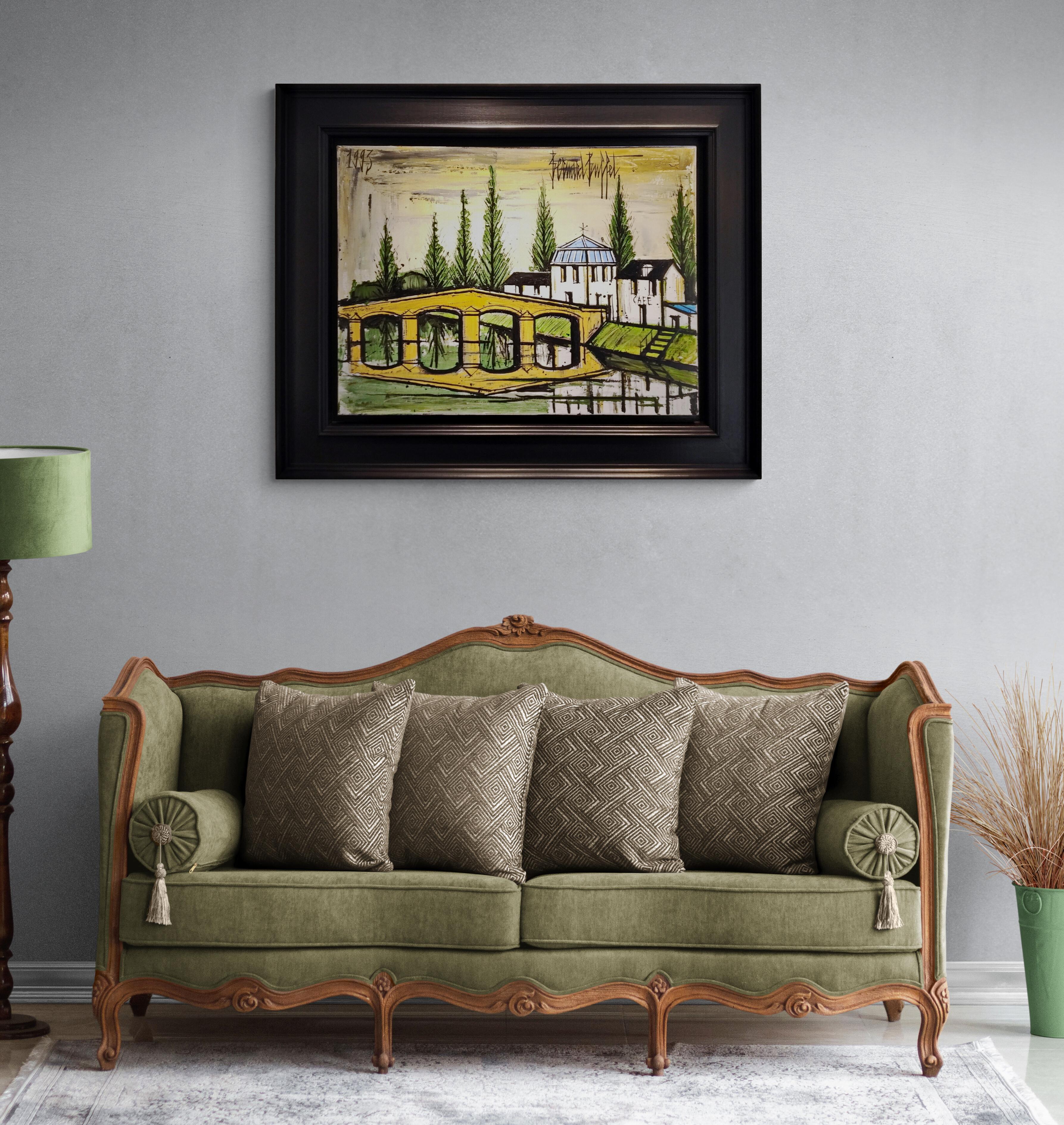 Bernard Buffet Bridge, Houses and a Café Landscape of Rural France Oil on Canvas For Sale 2