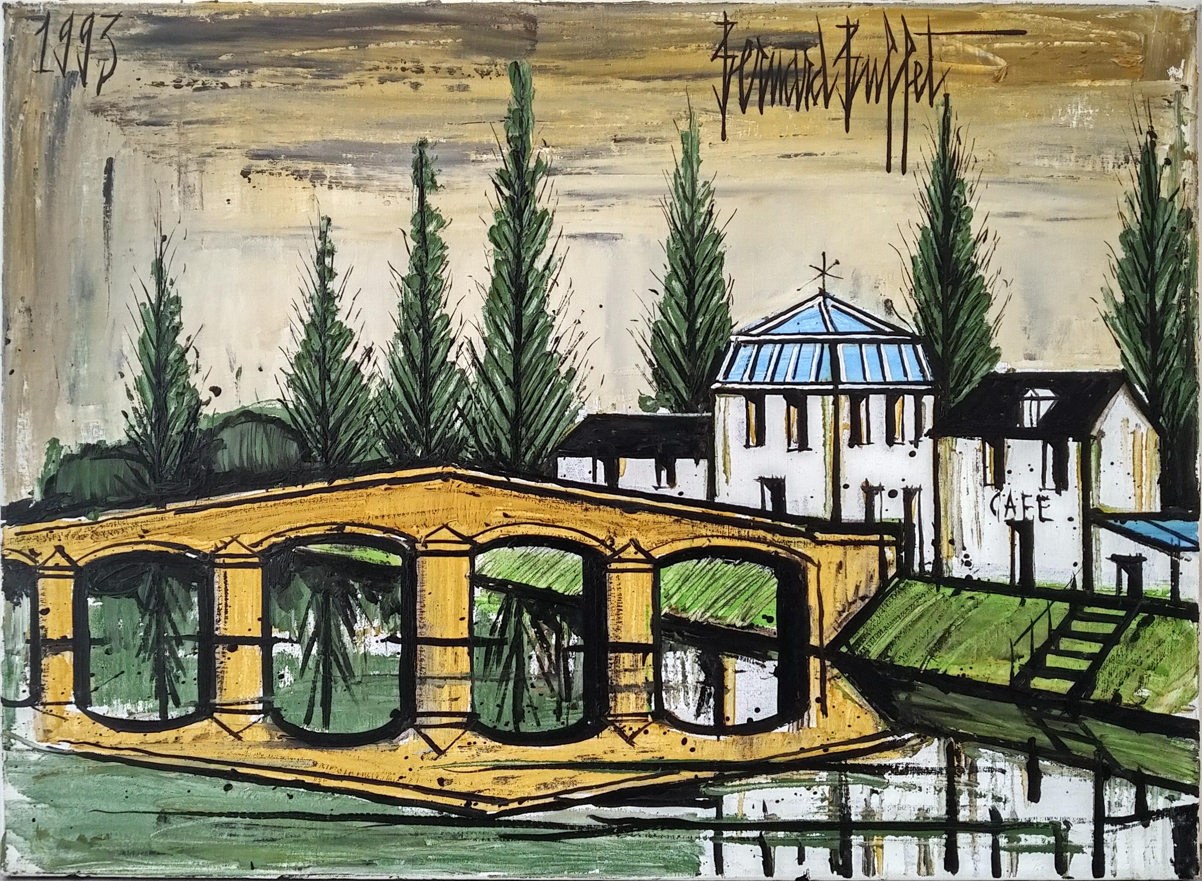 Bernard Buffet Bridge, Houses and a Café Landscape of Rural France Oil on Canvas