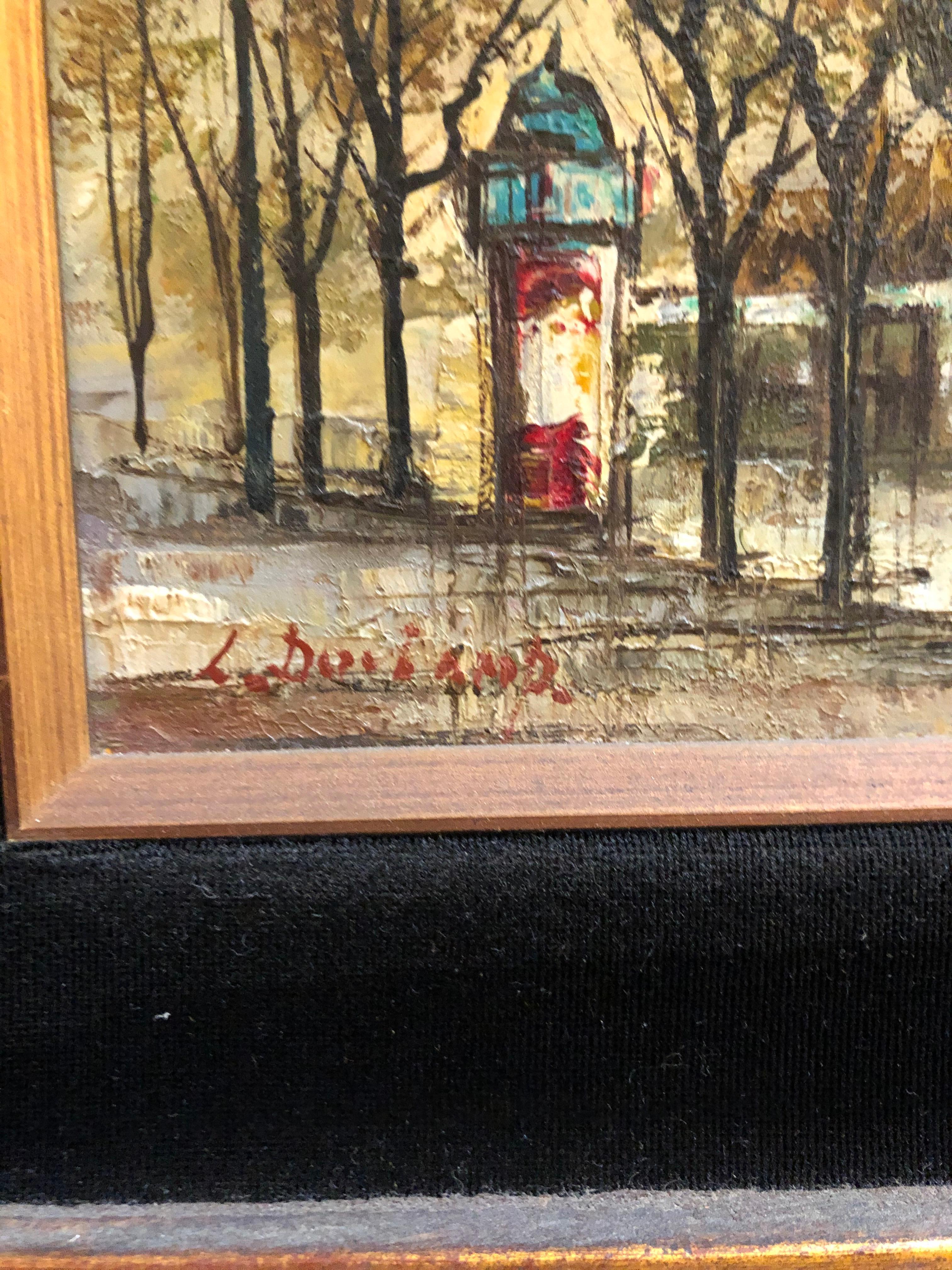 Little gem with Notre Dame in the background. It is in the style or school of Bernard Buffet. Oil on board measuring 12 inches wide by 4 1/8 high. Frame measures 18 inches wide by 9 5/8. It is signed but is illegible.