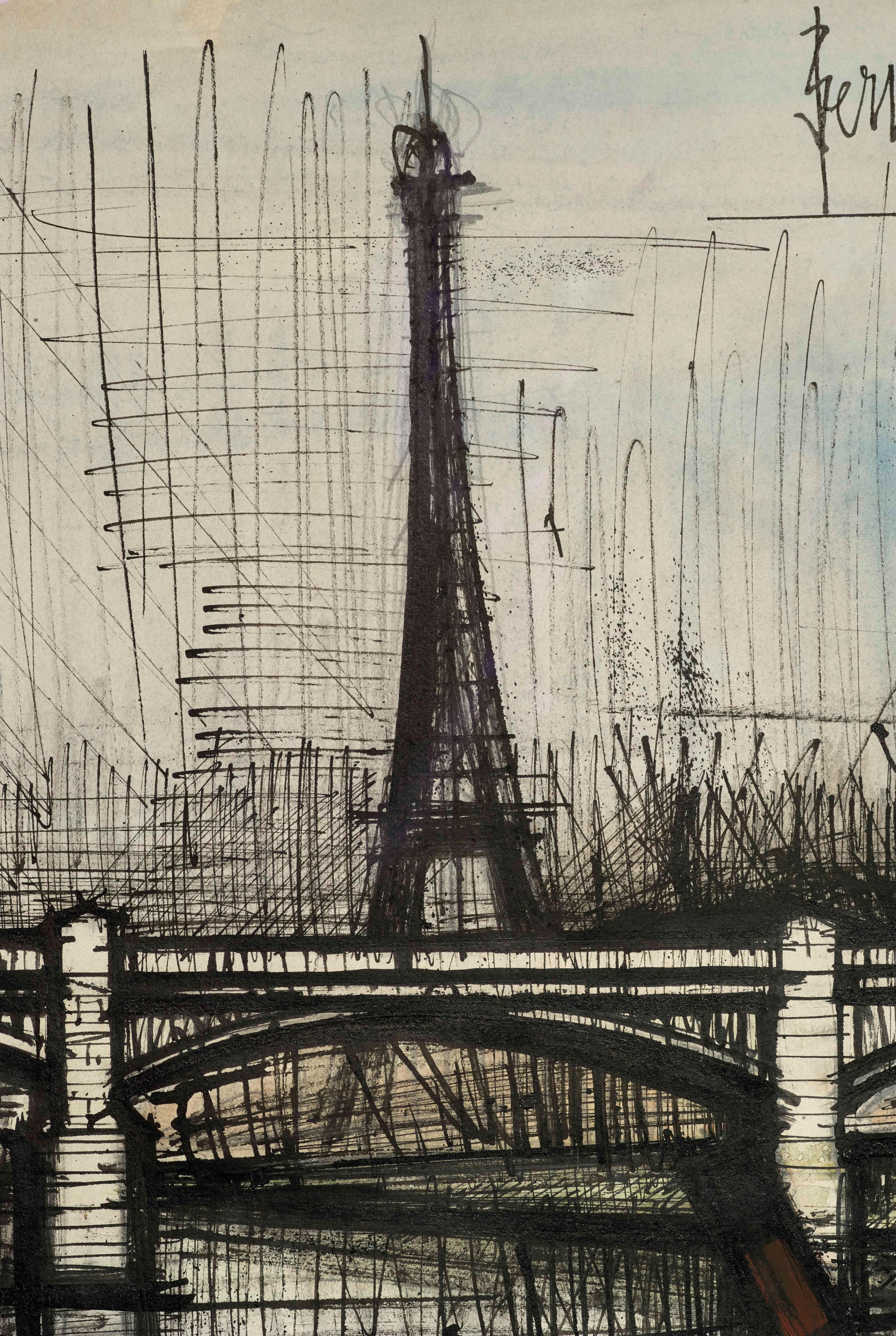 La Tour Eiffel et le Pont de Grenelle - Expressionist Painting by Bernard Buffet