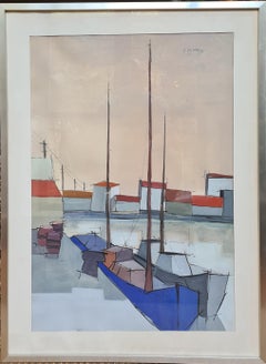 Mid Century Gouache of a Sailboat in Port, School of L' Homme-Témoin.