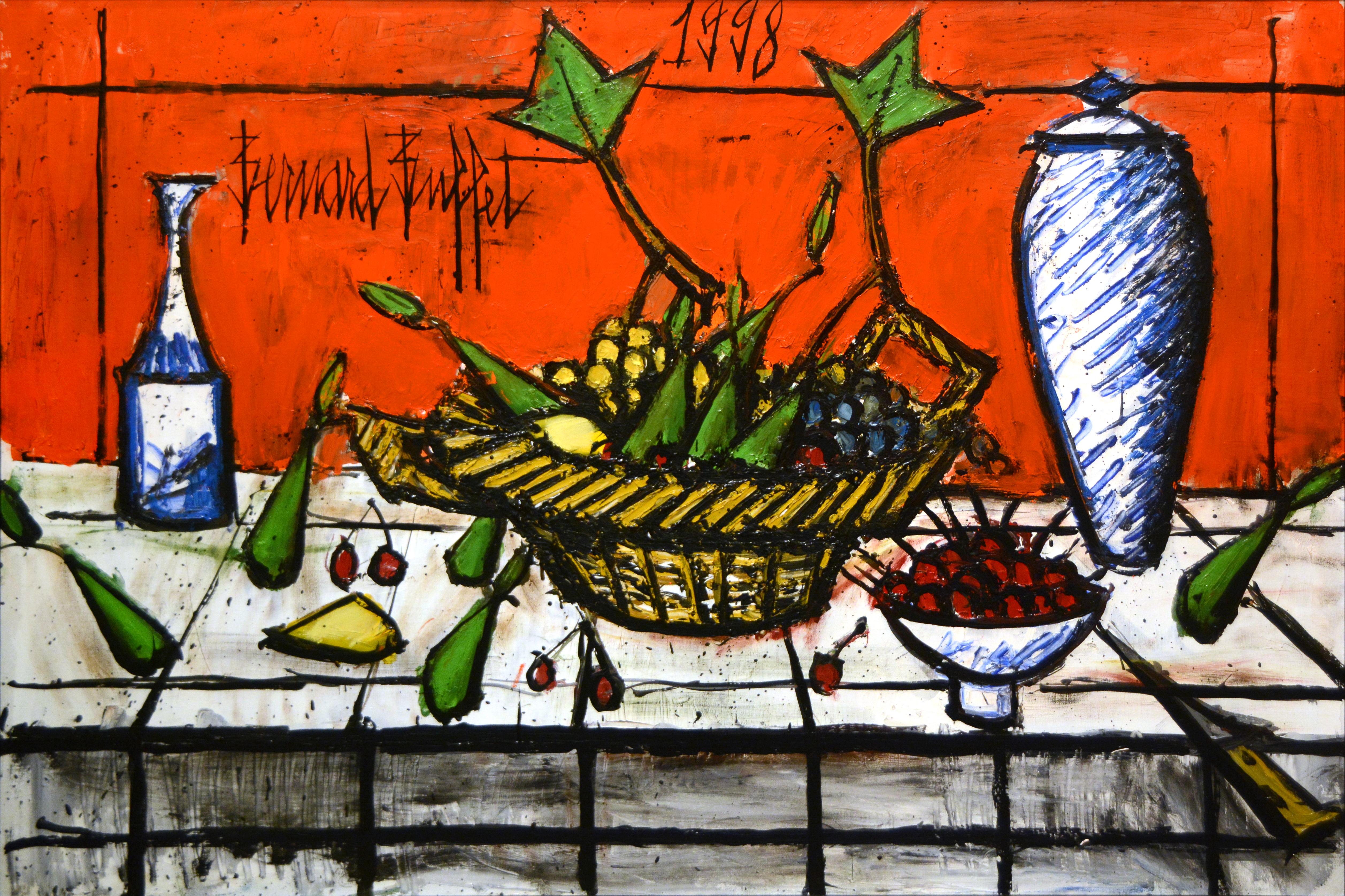 Bernard Buffet Still-Life Painting - Nature Morte au fond Rouge, 1998