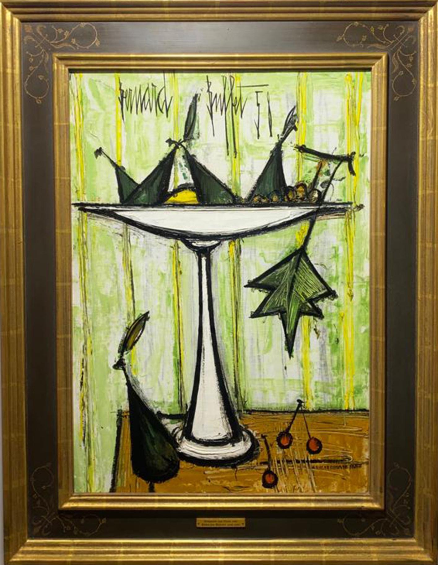 Oil on canvas Painting by Bernard Buffet titled compotier aux fruits, 1958.

Provenance: Galerie des États-Unis, Cannes
Private Collection, New York (and sold: Parke-Bernet Galleries, Inc., New York, March 27, 1963, lot 75).
A.I. Klotz, New York