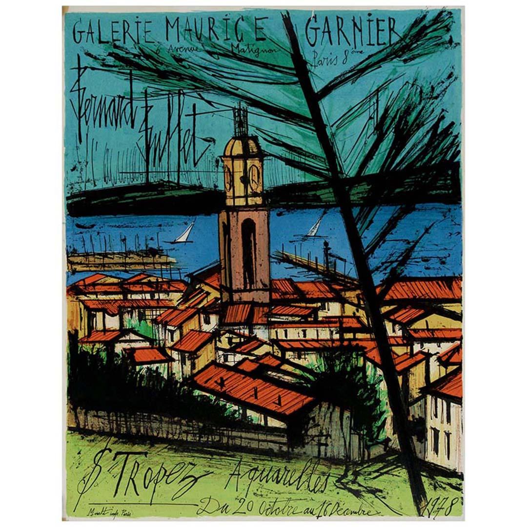 Beautiful poster for Bernard Buffet's 1978 exhibition, announcing the arrival of "St. Tropez Aquarelles" at Galerie Maurice Garnier.

Buffet's characteristic brushstrokes breathe life into the spirit of Saint-Tropez, transforming the coastal haven