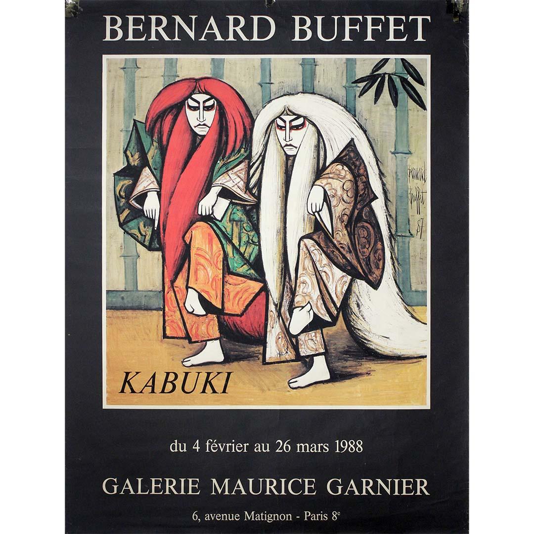 This striking original exhibition poster was created for the Bernard Buffet show Kabuki, held at the Galerie Maurice Garnier in Paris from February 4 to March 26, 1988. A rare and atmospheric piece, it showcases the French expressionist’s intense