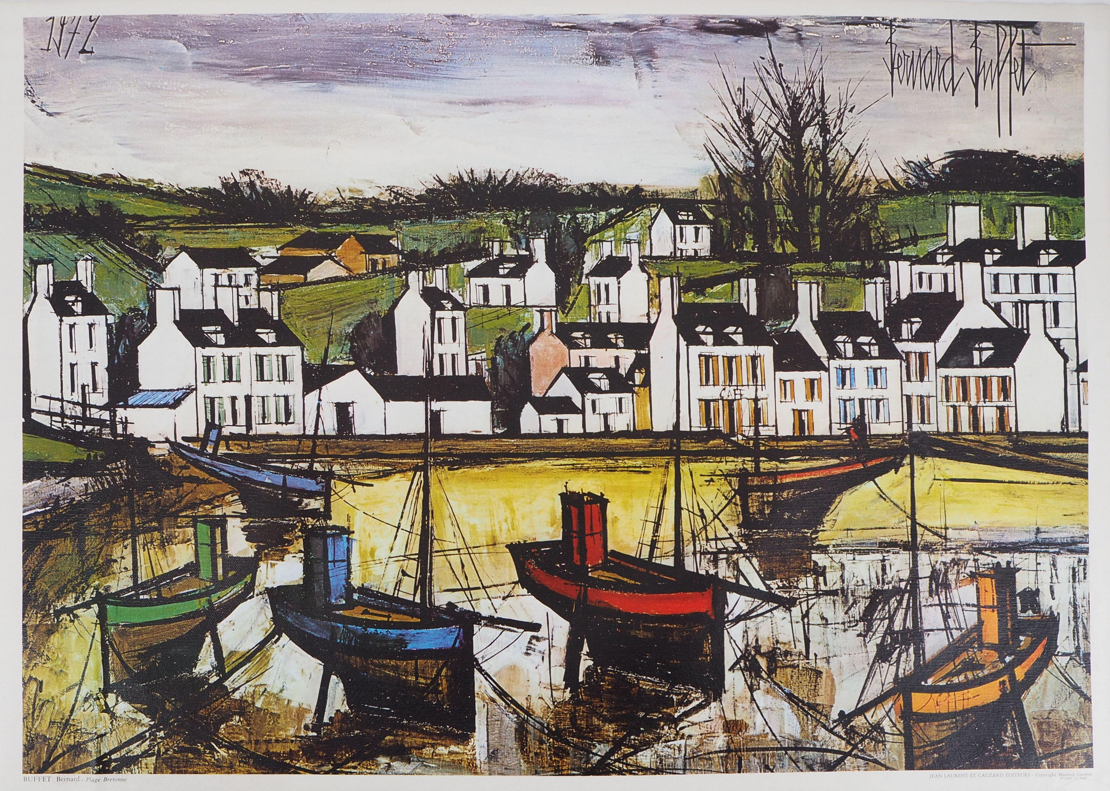 Beach and Village in Brittany - Lithograph on canvas