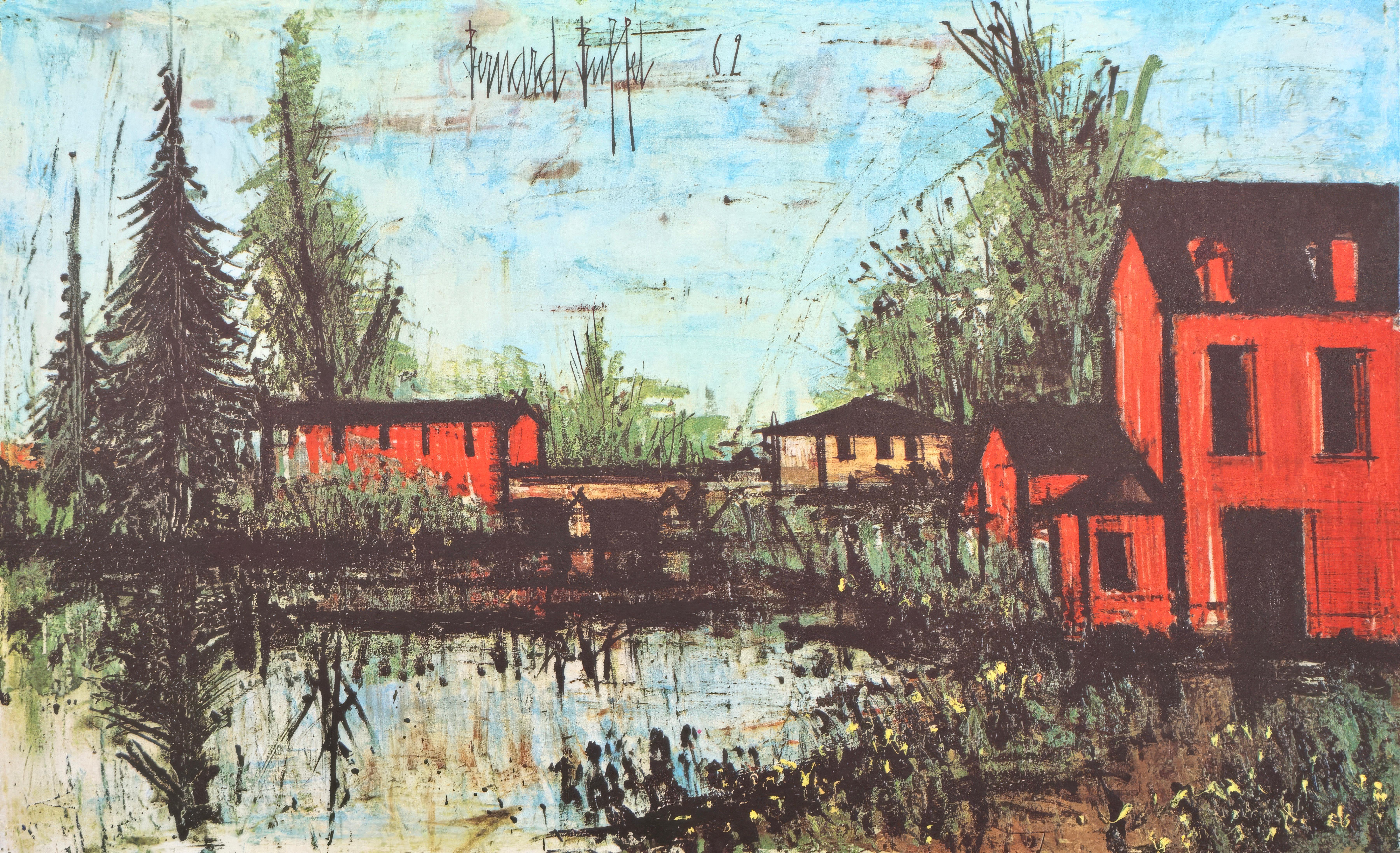 This exquisite heliogravure after Bernard Buffet (1928–1999), titled Pont sur la Sarthe (Bridge over the Sarthe), from the folio Bernard Buffet, Peintres d'aujourd'hui (Bernard Buffet, Painters of Today), originates from the 1966 edition published