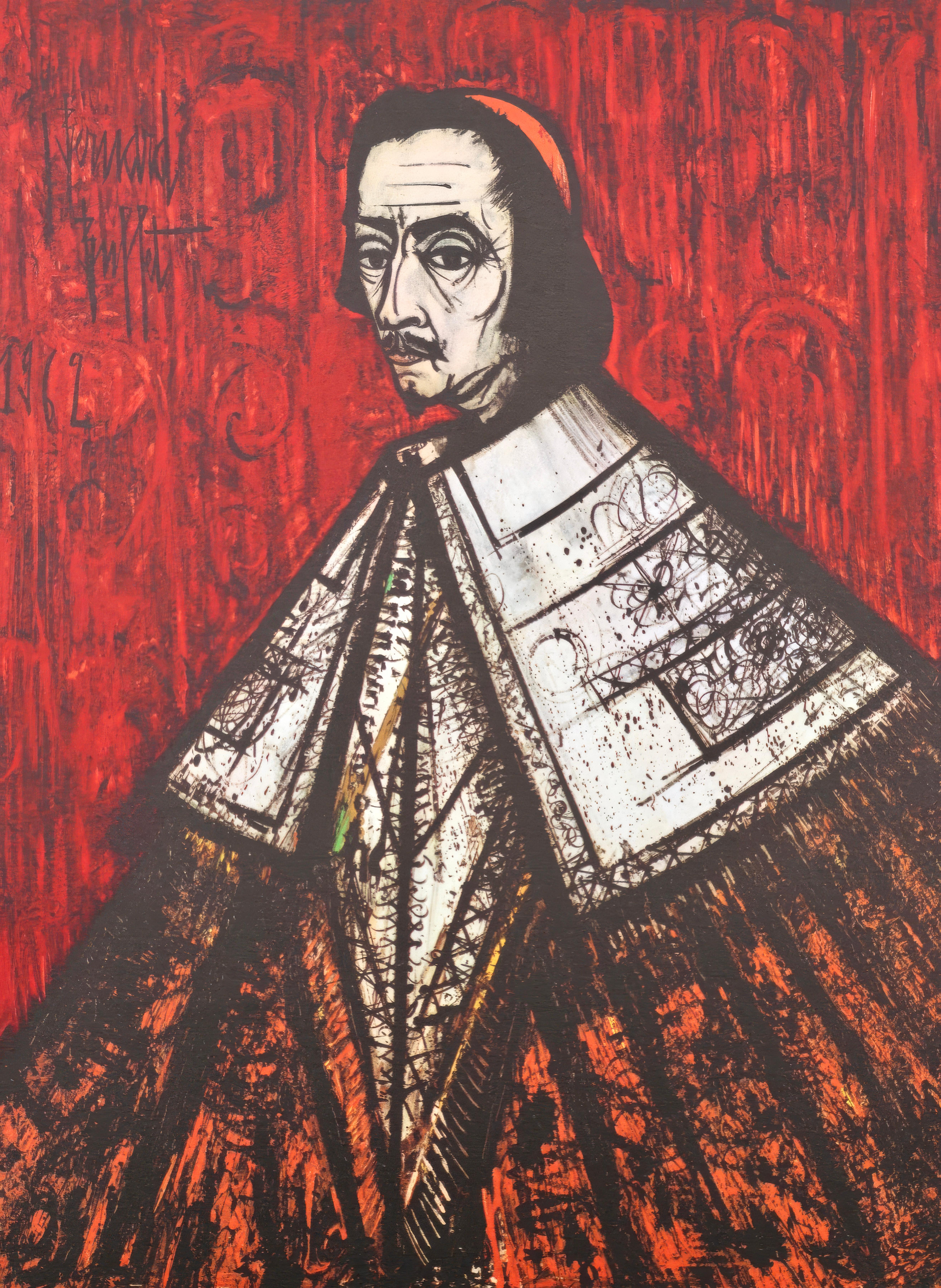 Cette exquise héliogravure d
après Bernard Buffet (1928-1999), intitulée Le Cardinal de Richelieu, tirée de l
in-folio Bernard Buffet, Peintres d
aujourd
hui, provient de l
édition de 1966 publiée par Fernand Hazan, Editeur, Paris, rendue par