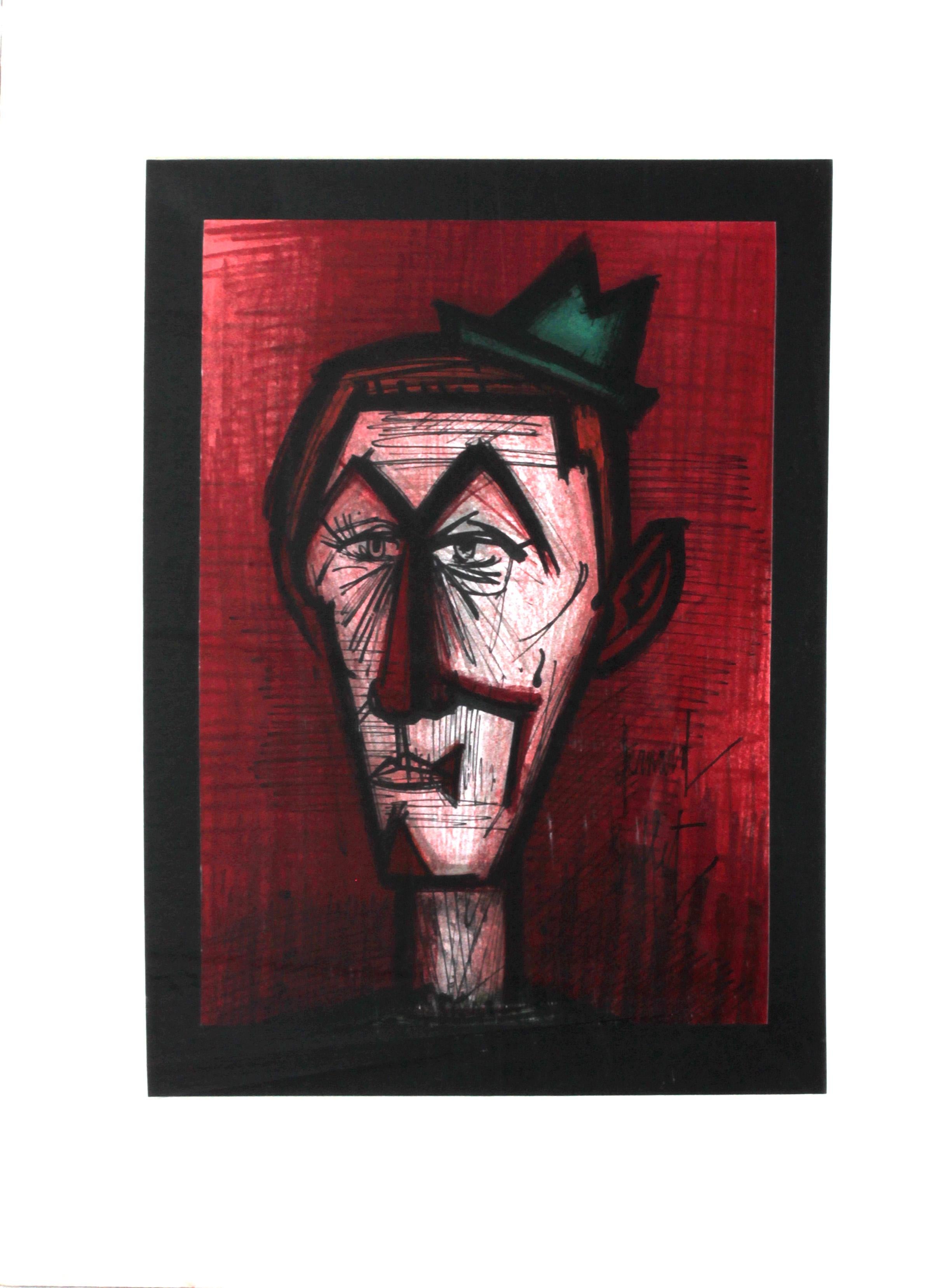 Bernard Buffet - "Clown su sfondo rosso" 1968 Litografia a colori