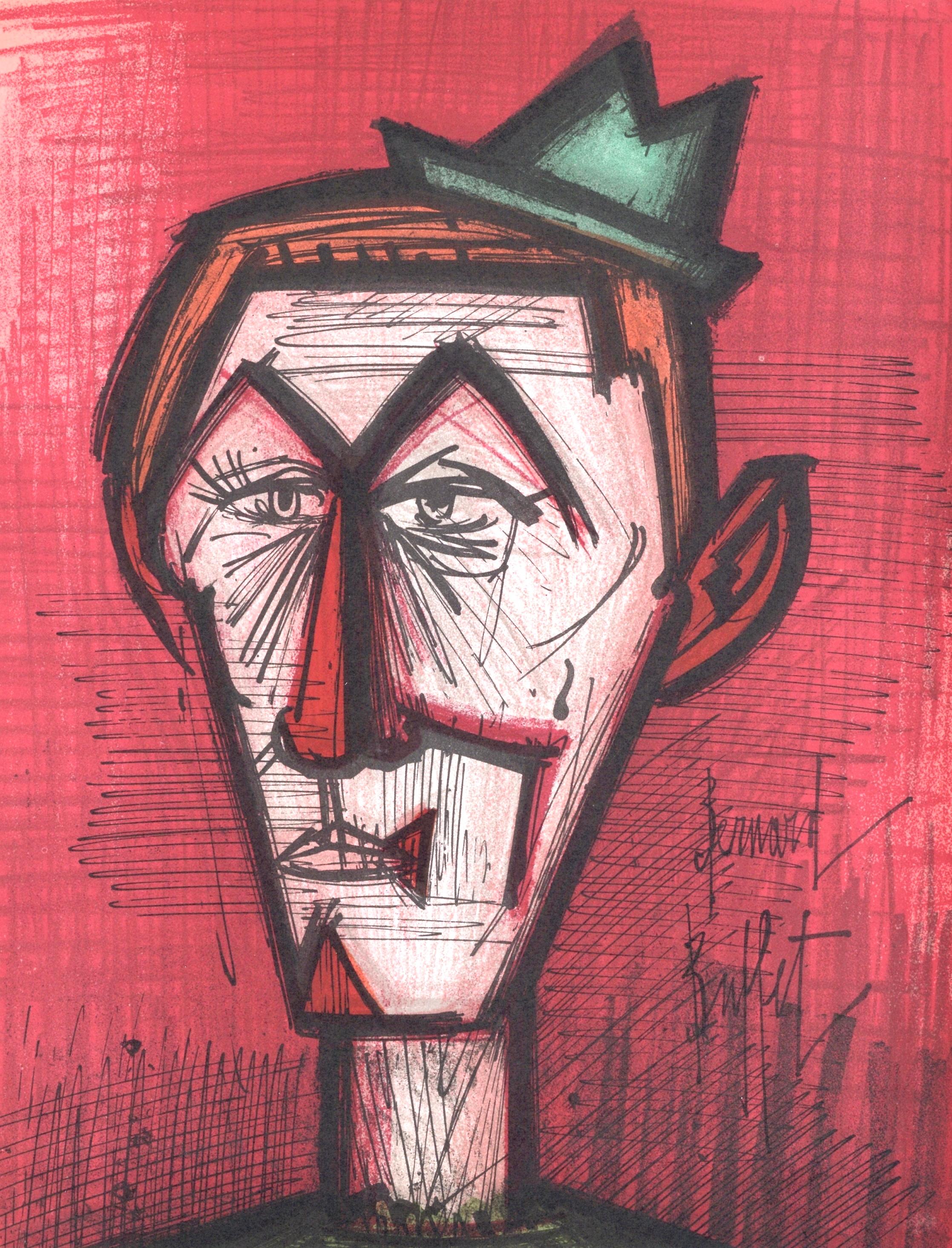 This exquisite lithograph by Bernard Buffet (1928–1999), titled Clown sur fond rouge (Clown on Red Background), originates from the 1967 album Bernard Buffet, Lithographs 1952-1966, published by Tudor Publishing Company, New York, under the