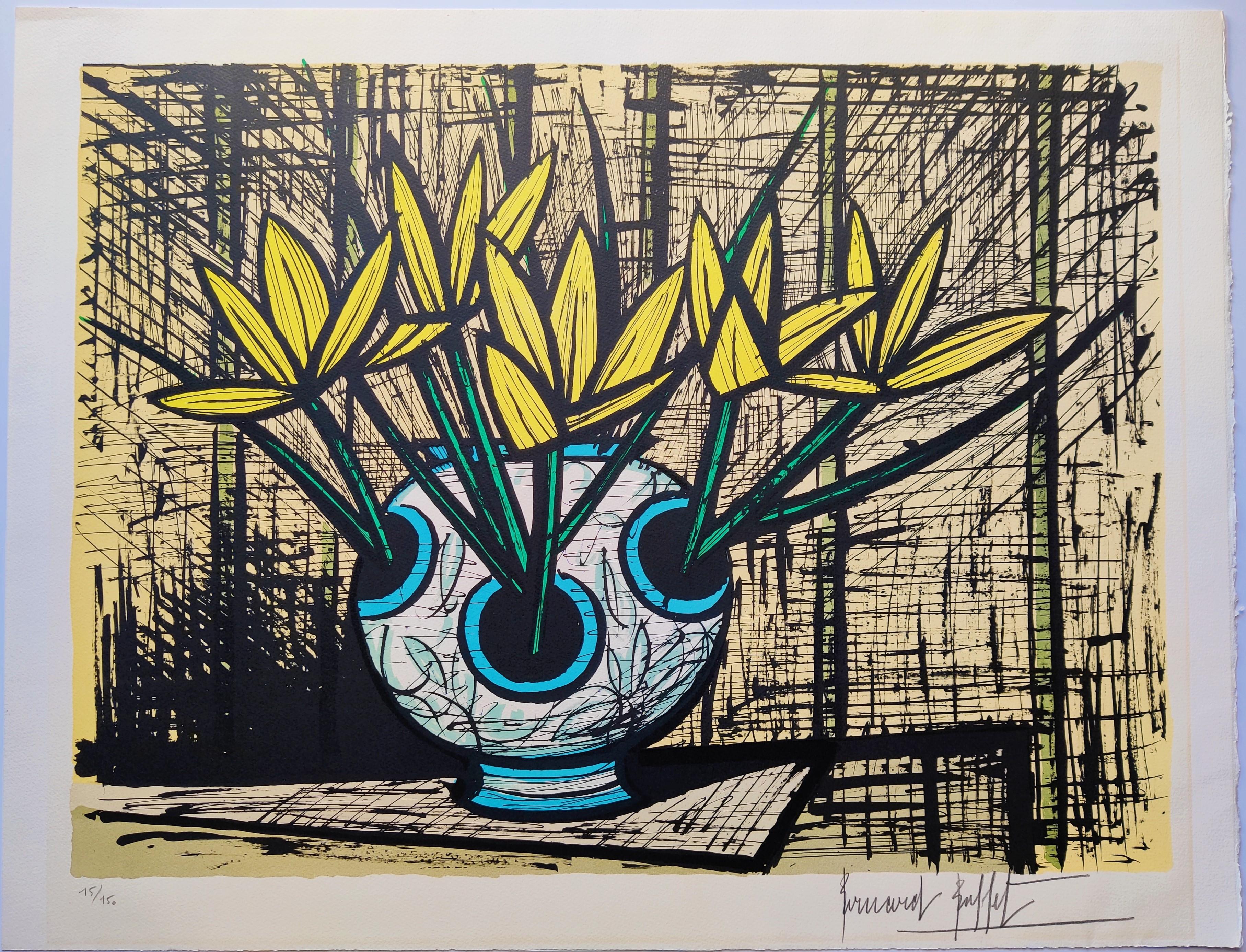 Bernard Buffet
Crocus jaunes, 1987
Lithograph
Hand signed low right 
Numbered 15/150
Image 67 x 50 cm
Sheet 75 x 58
Framing is an option, will be framed with an aluminium frame, an acid-free mat, an acid-free back and an UV-protected acrylic glass  