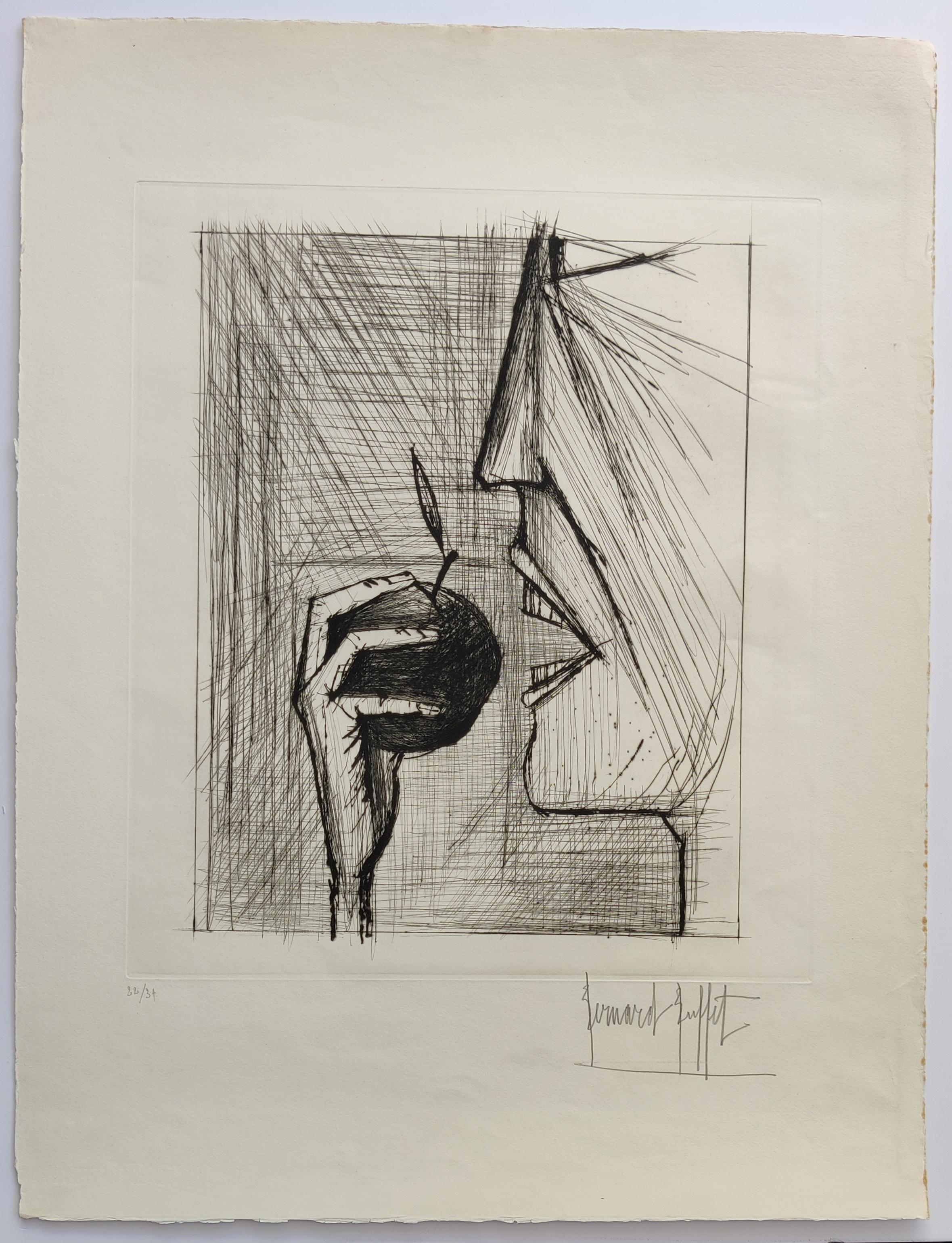 Bernard Buffet
Les Pommes de la Connaissance" ("The Apples of Knowledge"), from "Voyages Fantastiques de Cyrano de Bergerac, Aux Etats et Empires de la Lune et du Soleil"
Drypoint 
Numbered 22/34
Hand-signed lower right
Published circa 1958 by