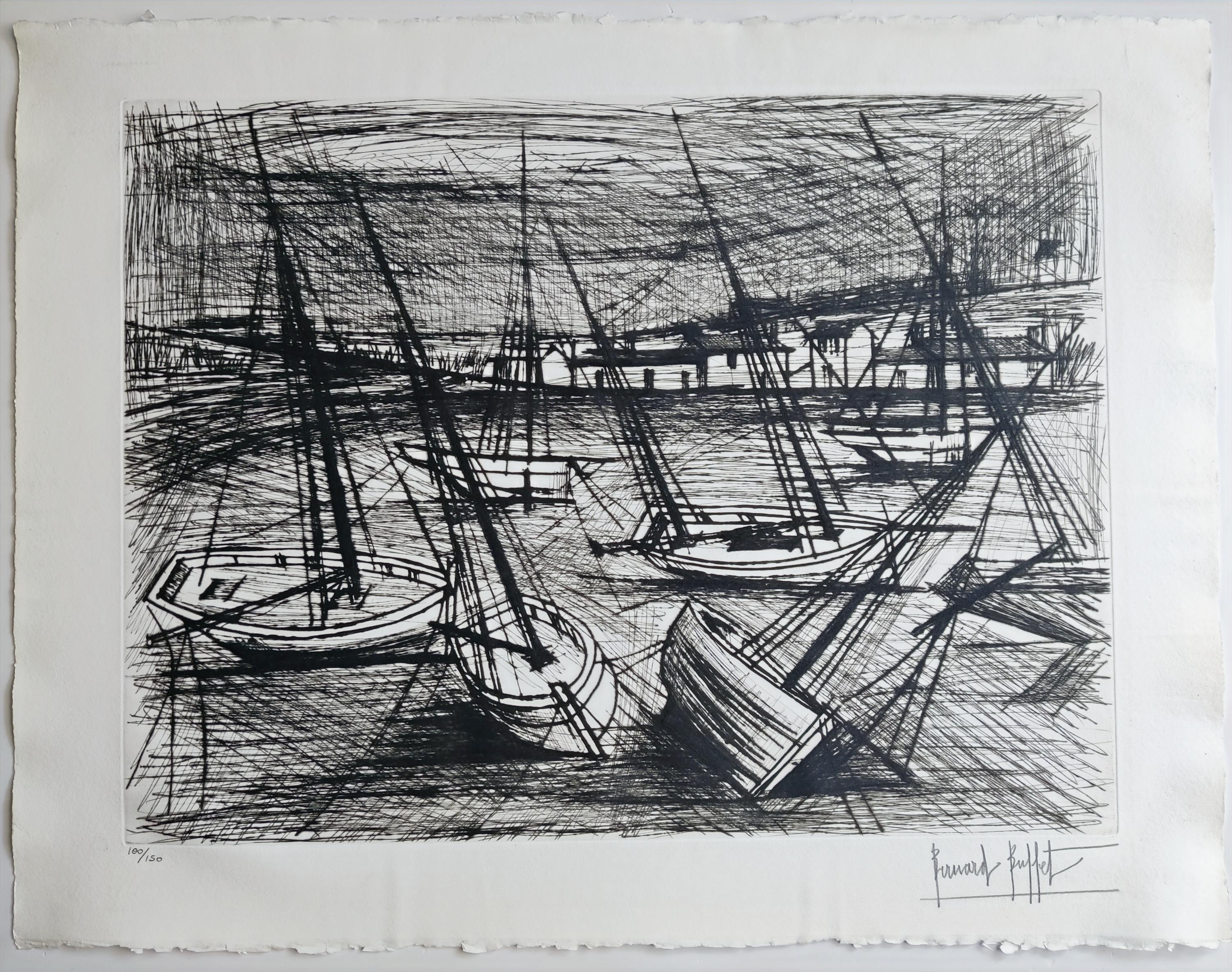 Bernard Buffet
Barche a vela incagliate durante la bassa marea, 1980,
Puntasecca in nero
Firmato a mano in basso a destra
Numerato 100/150 in basso a sinistra
Dimensioni dell'immagine: 62,5 x 47,5 cm 
Dimensioni del foglio 76 x 58 cm
Riferimento:
