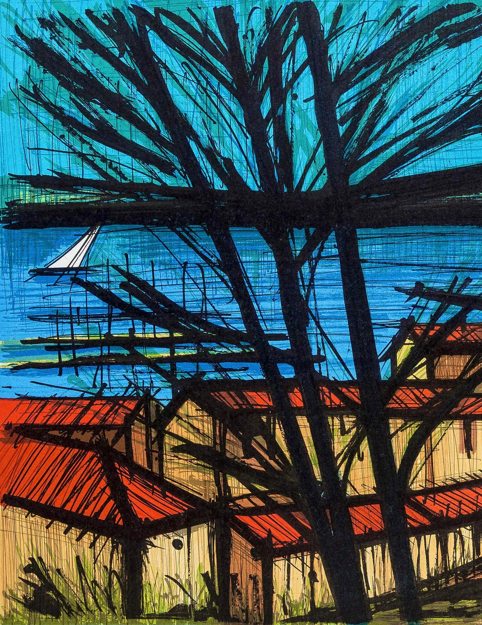 This exquisite lithograph by Bernard Buffet (1928–1999), titled Saint-Tropez (Saint-Tropez), originates from the 1979 album Bernard Buffet, Lithographe I (Bernard Buffet, Lithographer I), published by Editions Michele Trinckvel, Paris, and Draeger,